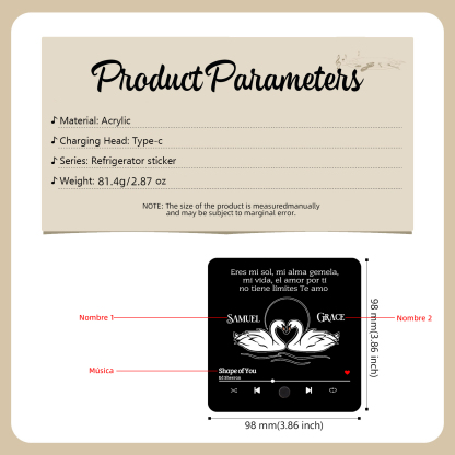 Pareja-Pegatina para nevera "music player" cisnes con 2 nombres y música personalizados | Jessemade