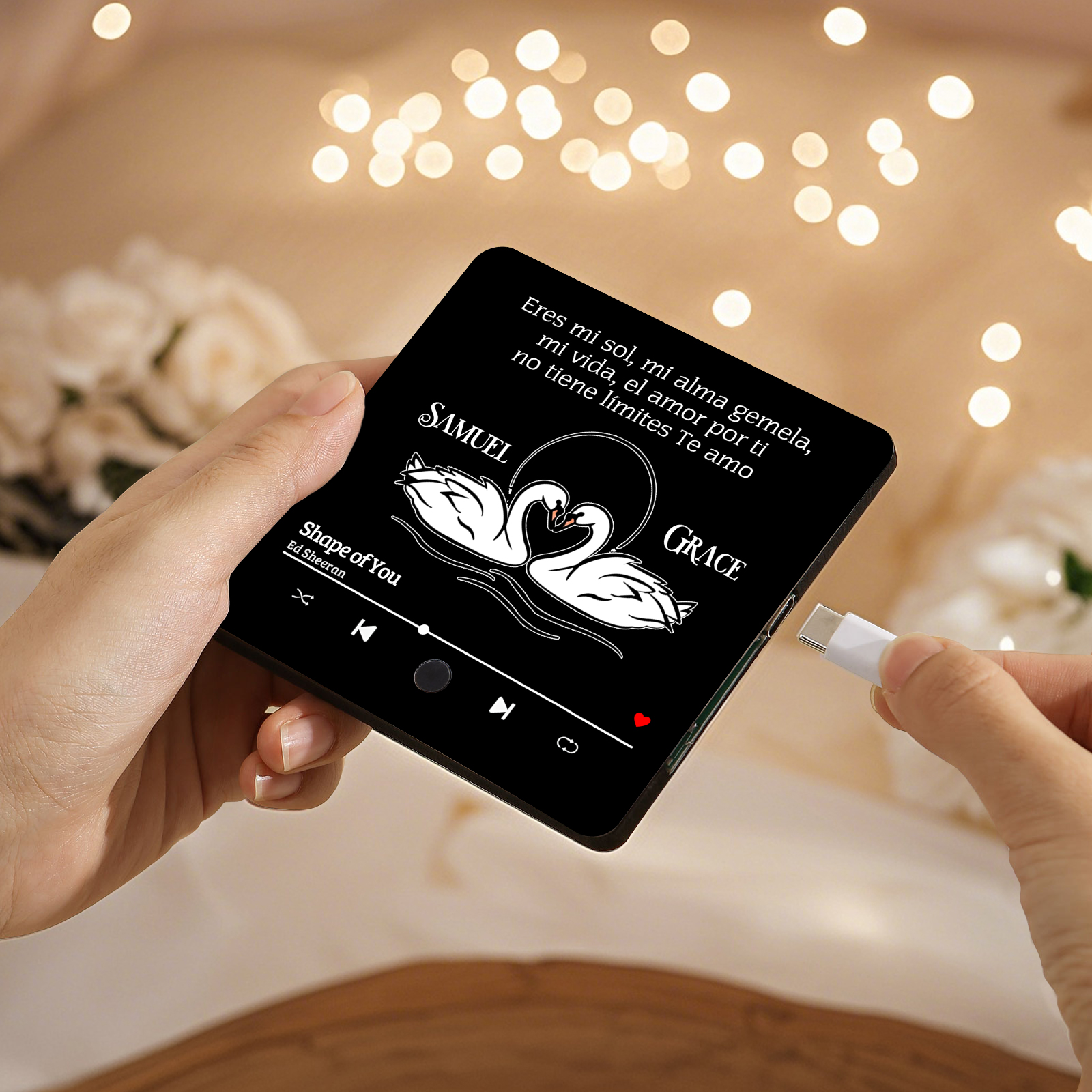 Pareja-Pegatina para nevera "music player" cisnes con 2 nombres y música personalizados | Jessemade