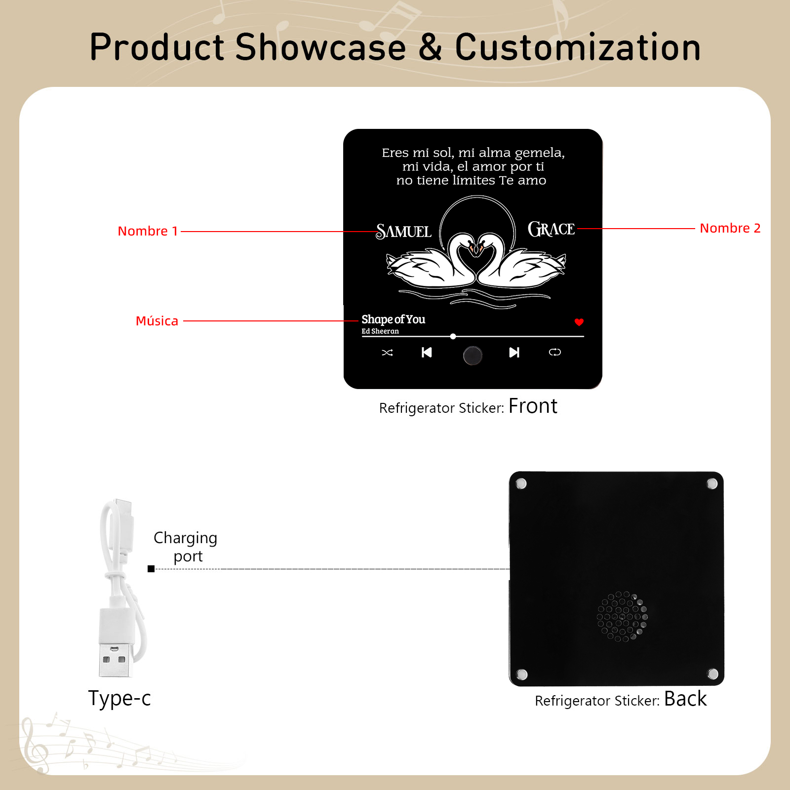 Pareja-Pegatina para nevera "music player" cisnes con 2 nombres y música personalizados | Jessemade