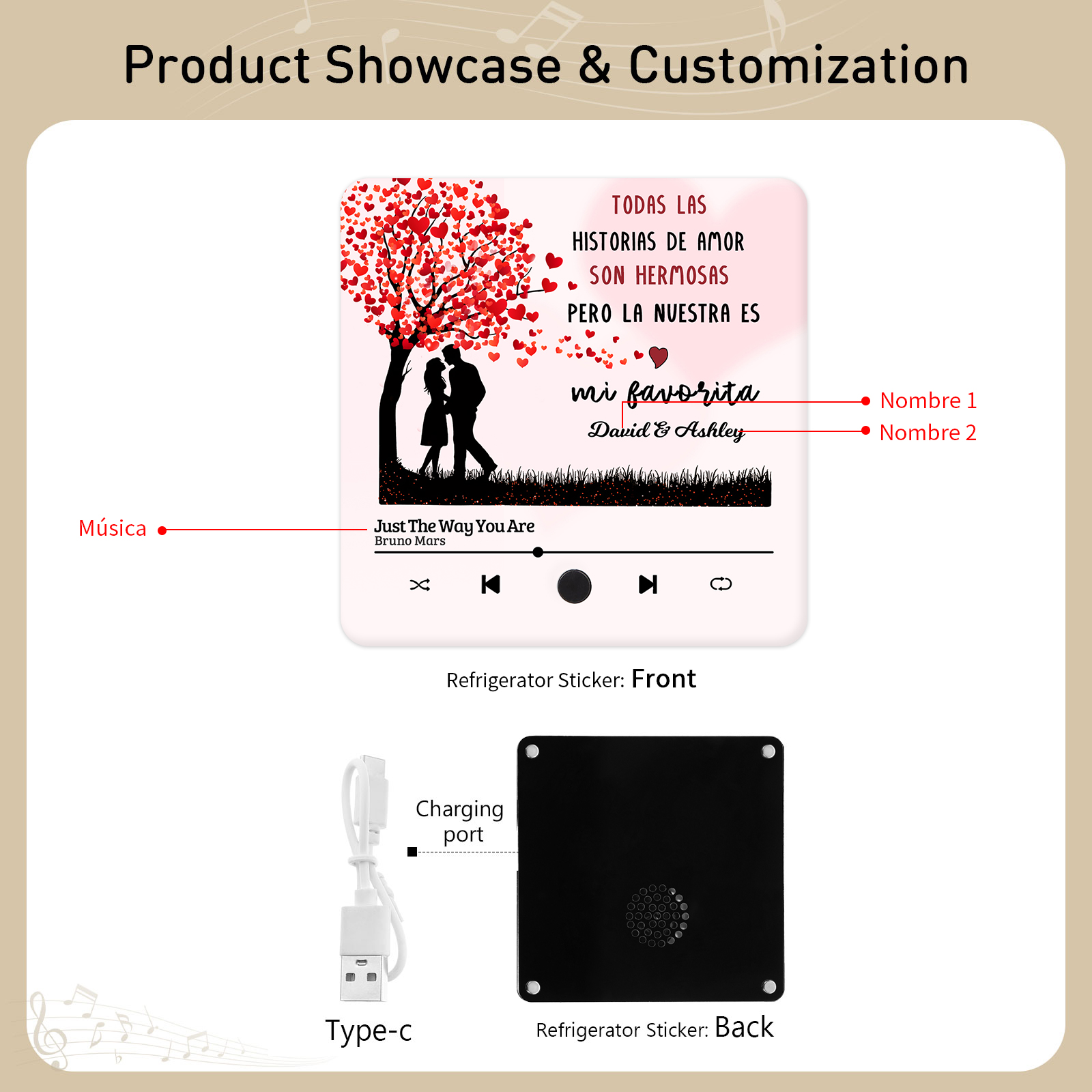 Pareja-Pegatina para nevera "music player" árbol de amor con 2 nombres y música personalizados | Jessemade