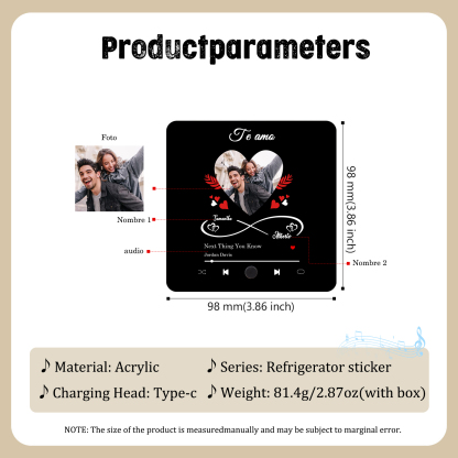 Pareja-Pegatina para nevera "music player" corazón e infinito con 2 nombres, foto y música personalizados | Jessemade