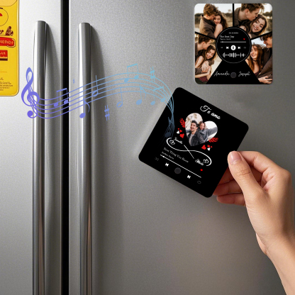 Pareja-Pegatina para nevera "music player" corazón e infinito con 2 nombres, foto y música personalizados | Jessemade
