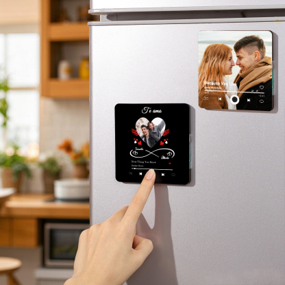 Pareja-Pegatina para nevera "music player" corazón e infinito con 2 nombres, foto y música personalizados | Jessemade