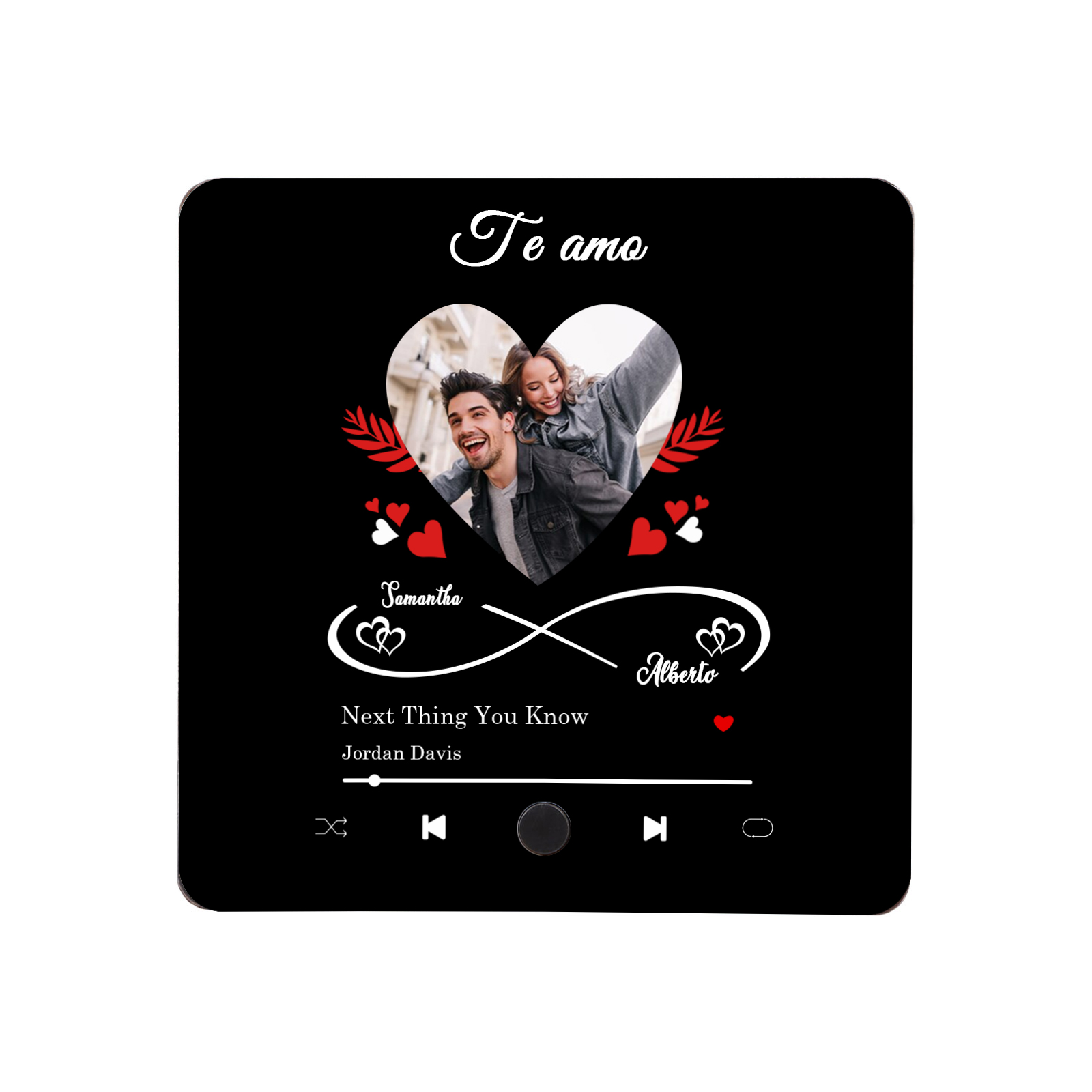 Pareja-Pegatina para nevera "music player" corazón e infinito con 2 nombres, foto y música personalizados | Jessemade