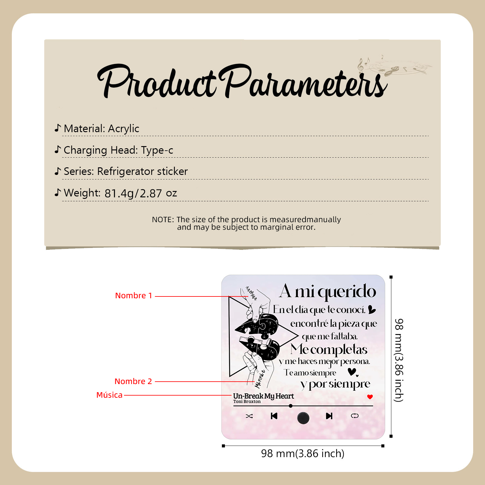 Pareja-Pegatina para nevera "music player" rompecabezas con 2 nombres y música personalizados | Jessemade