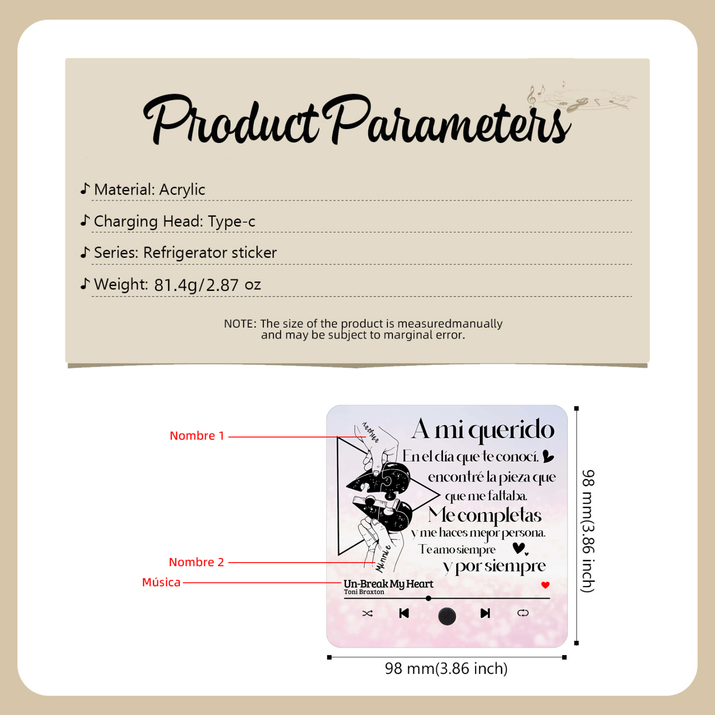 Pareja-Pegatina para nevera "music player" rompecabezas con 2 nombres y música personalizados | Jessemade