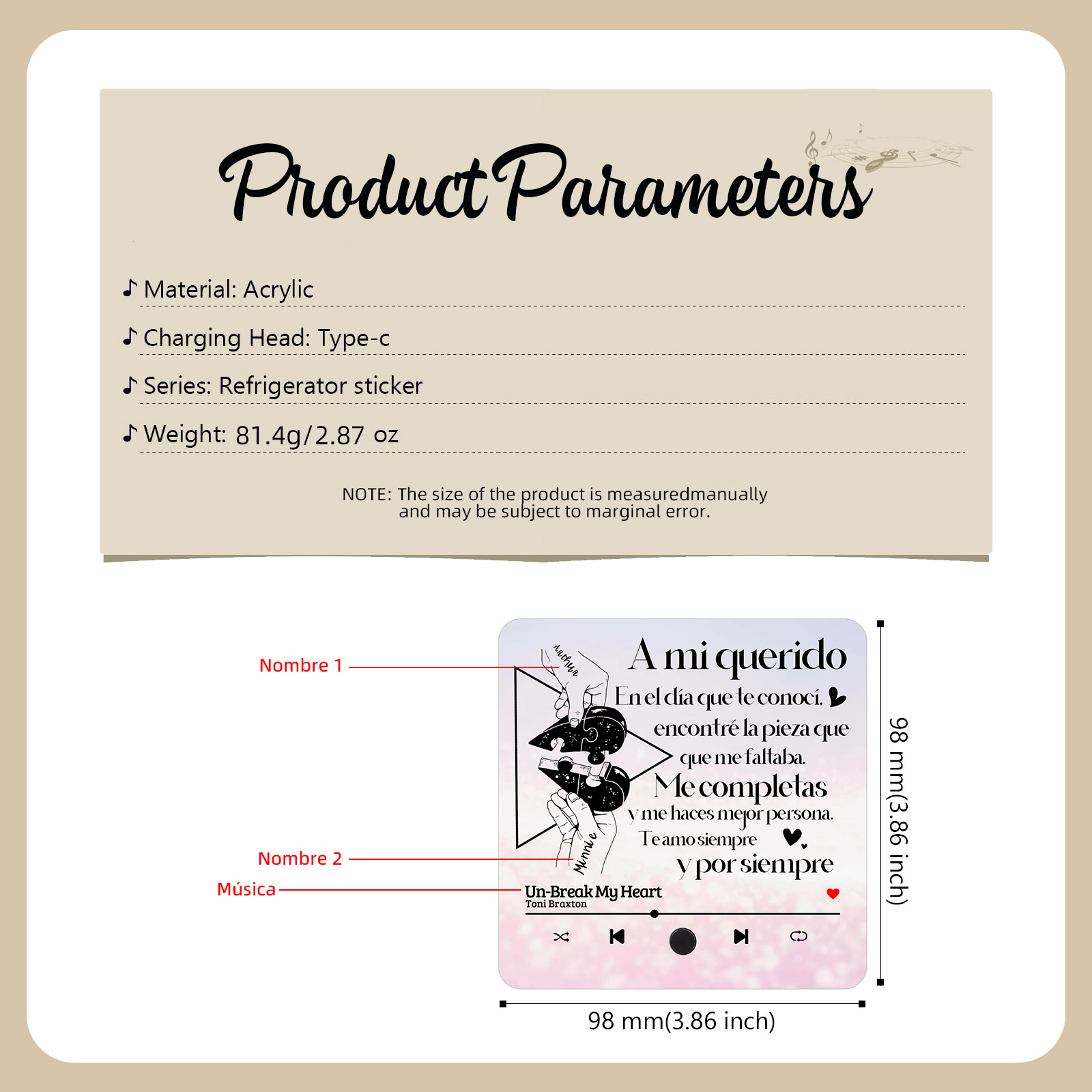 Pareja-Pegatina para nevera "music player" rompecabezas con 2 nombres y música personalizados | Jessemade