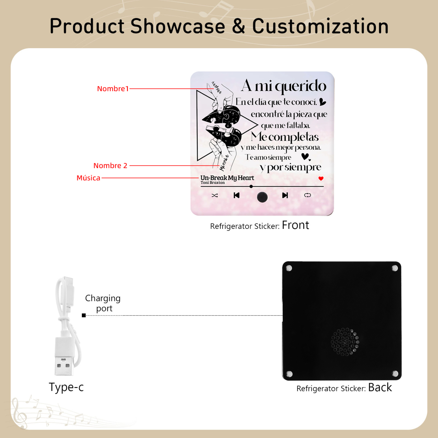 Pareja-Pegatina para nevera "music player" rompecabezas con 2 nombres y música personalizados | Jessemade