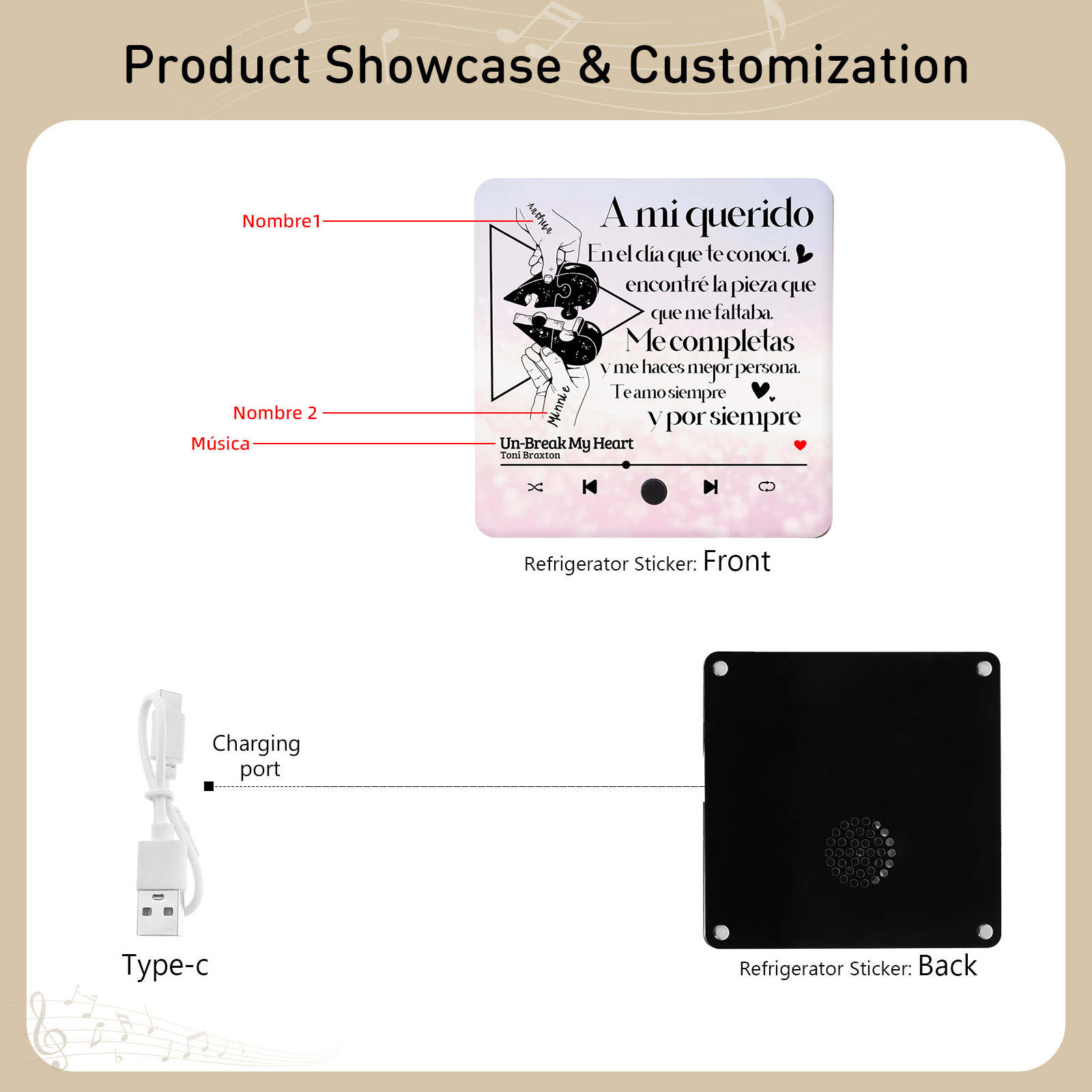 Pareja-Pegatina para nevera "music player" rompecabezas con 2 nombres y música personalizados | Jessemade