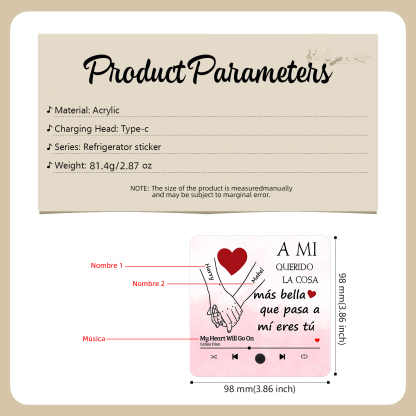 Pareja-Pegatina para nevera "music player" mano con mano con 2 nombres y música personalizados | Jessemade