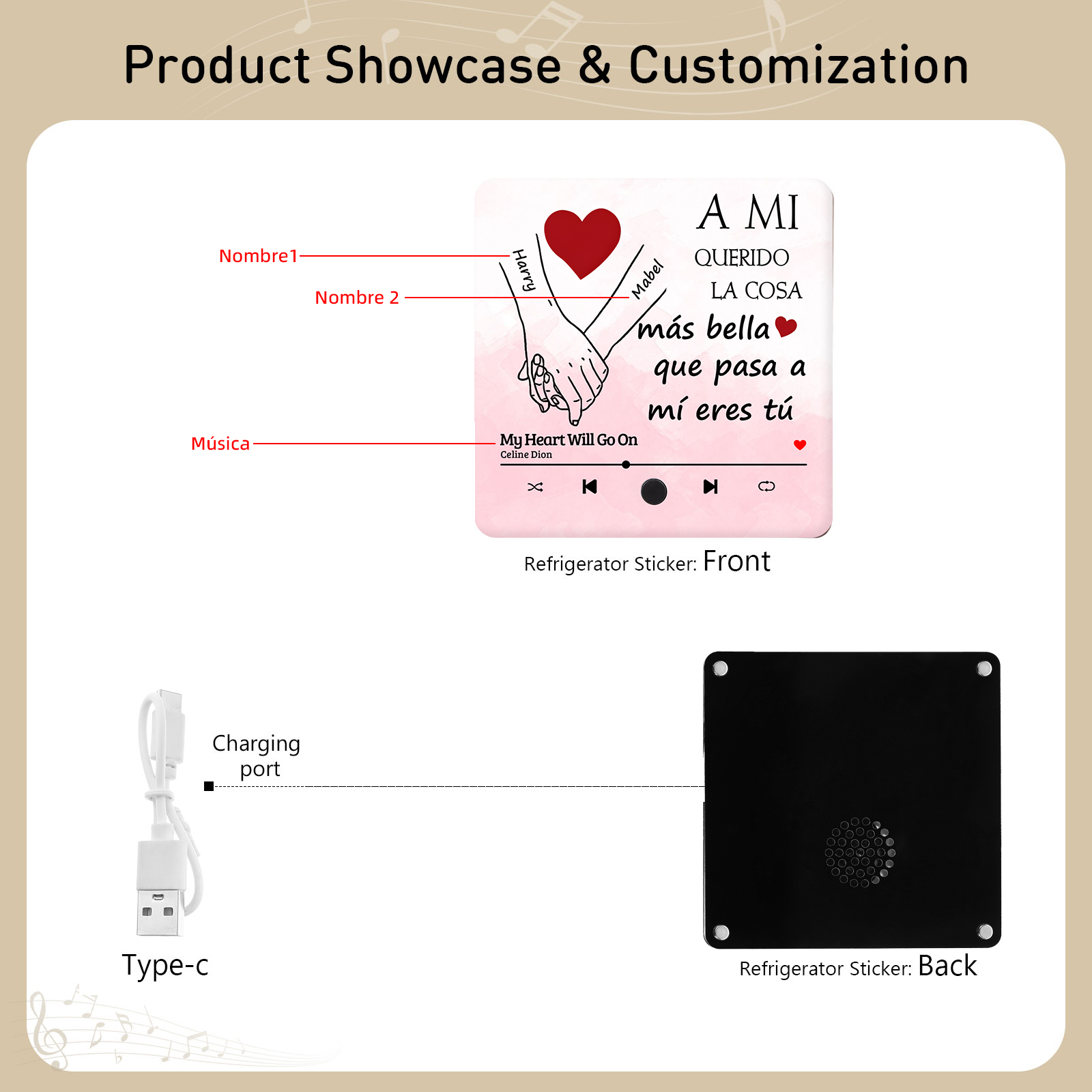 Pareja-Pegatina para nevera "music player" mano con mano con 2 nombres y música personalizados | Jessemade