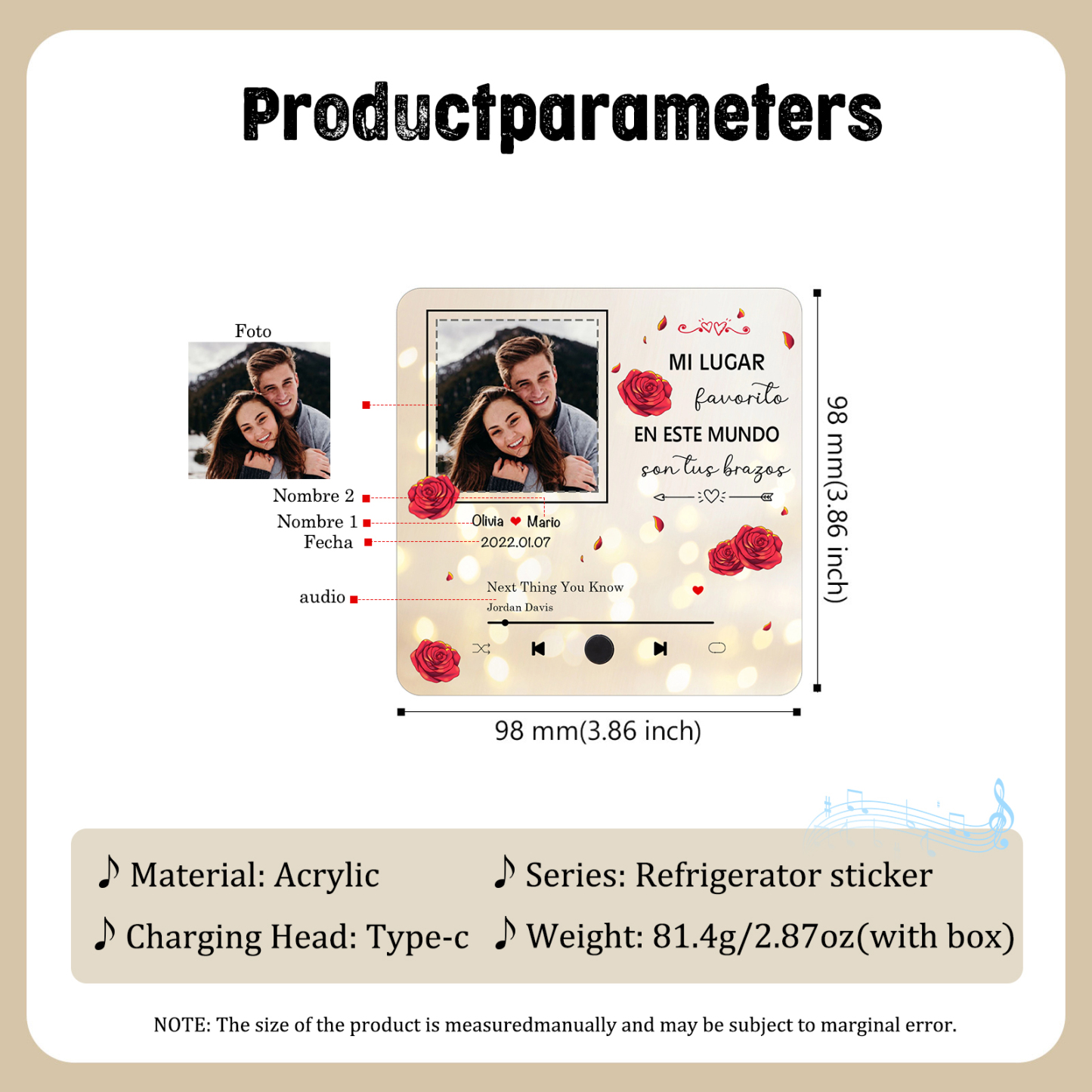 Pareja-Pegatina para nevera "music player" rosas con 2 nombres, fecha, foto y música personalizados | Jessemade