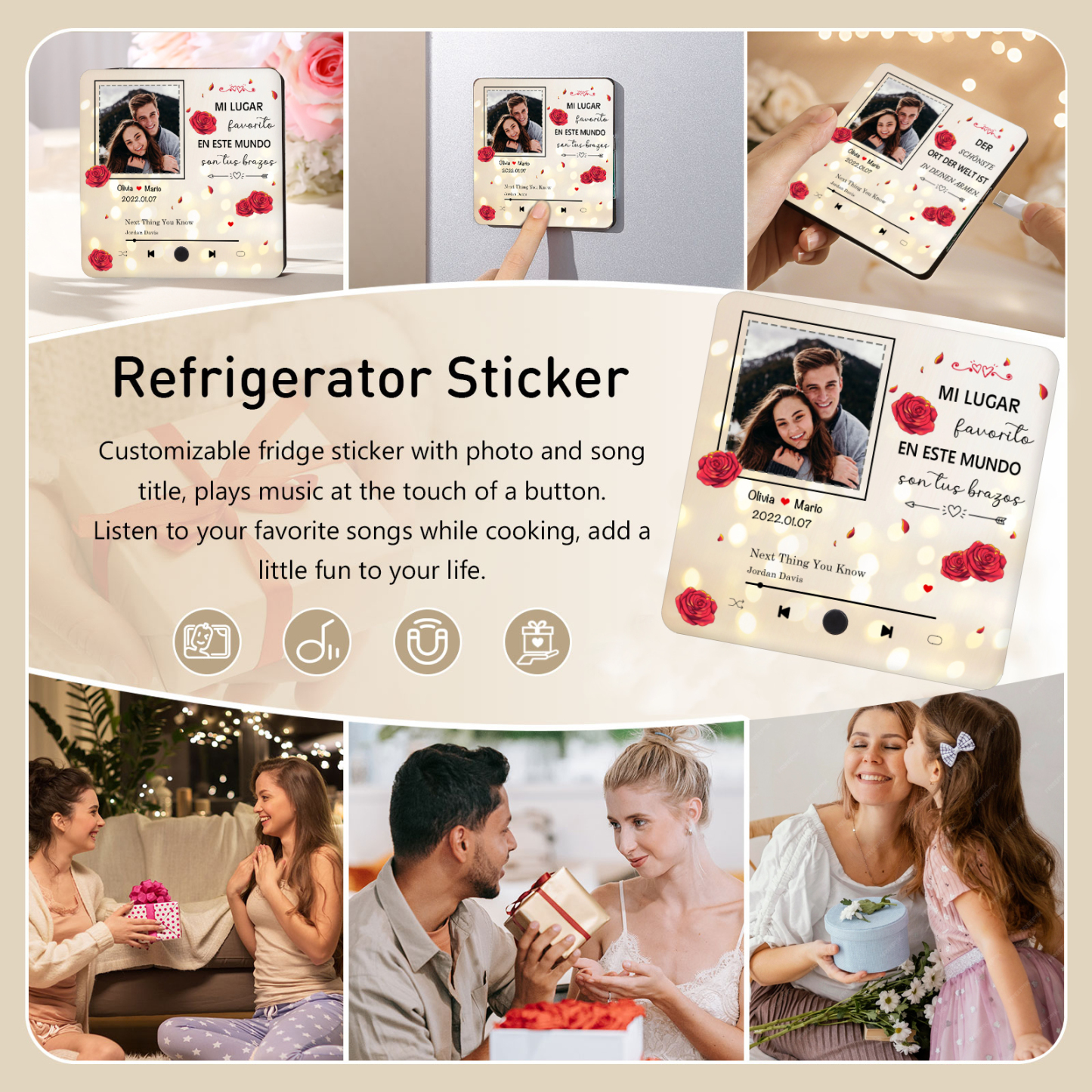 Pareja-Pegatina para nevera "music player" rosas con 2 nombres, fecha, foto y música personalizados | Jessemade