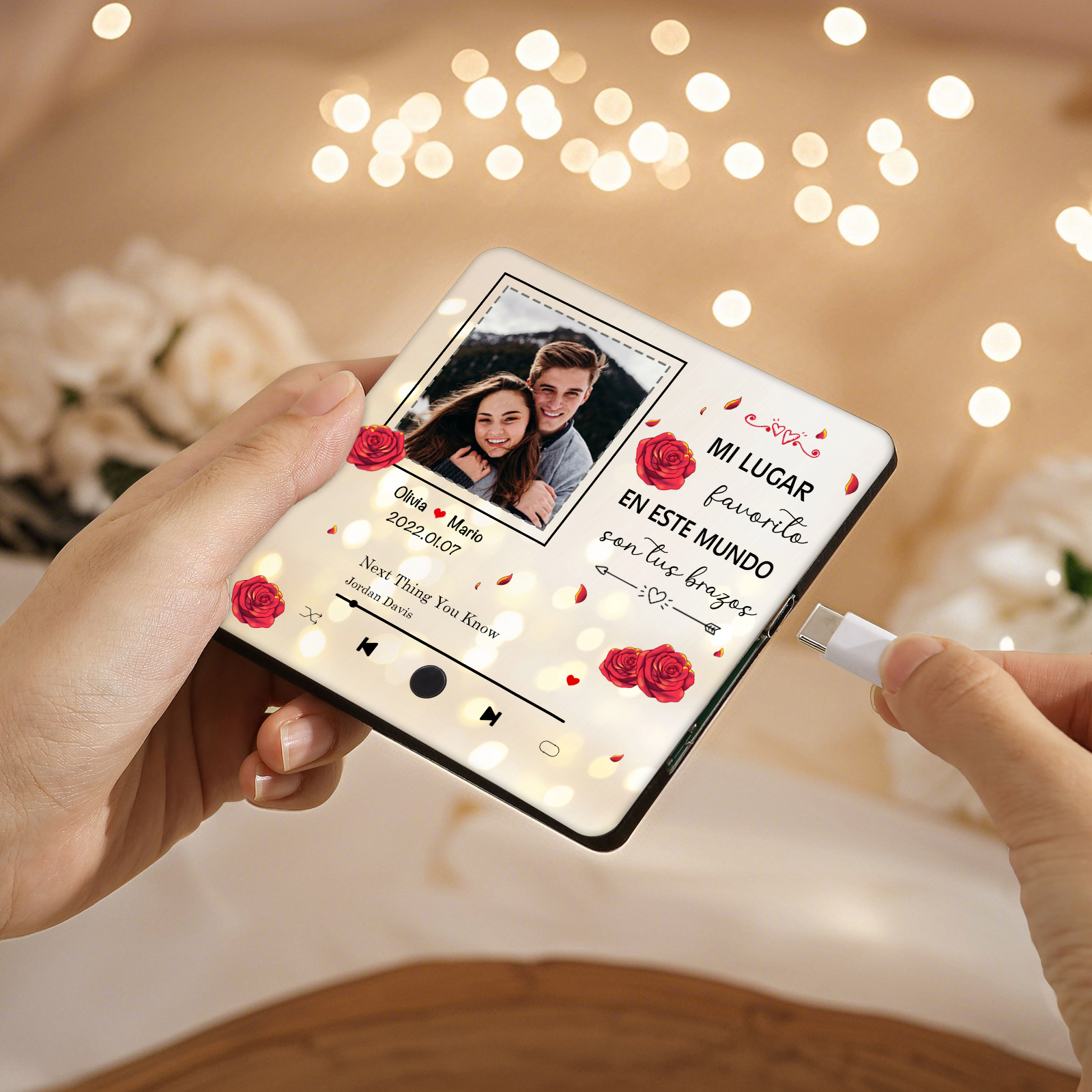 Pareja-Pegatina para nevera "music player" rosas con 2 nombres, fecha, foto y música personalizados | Jessemade