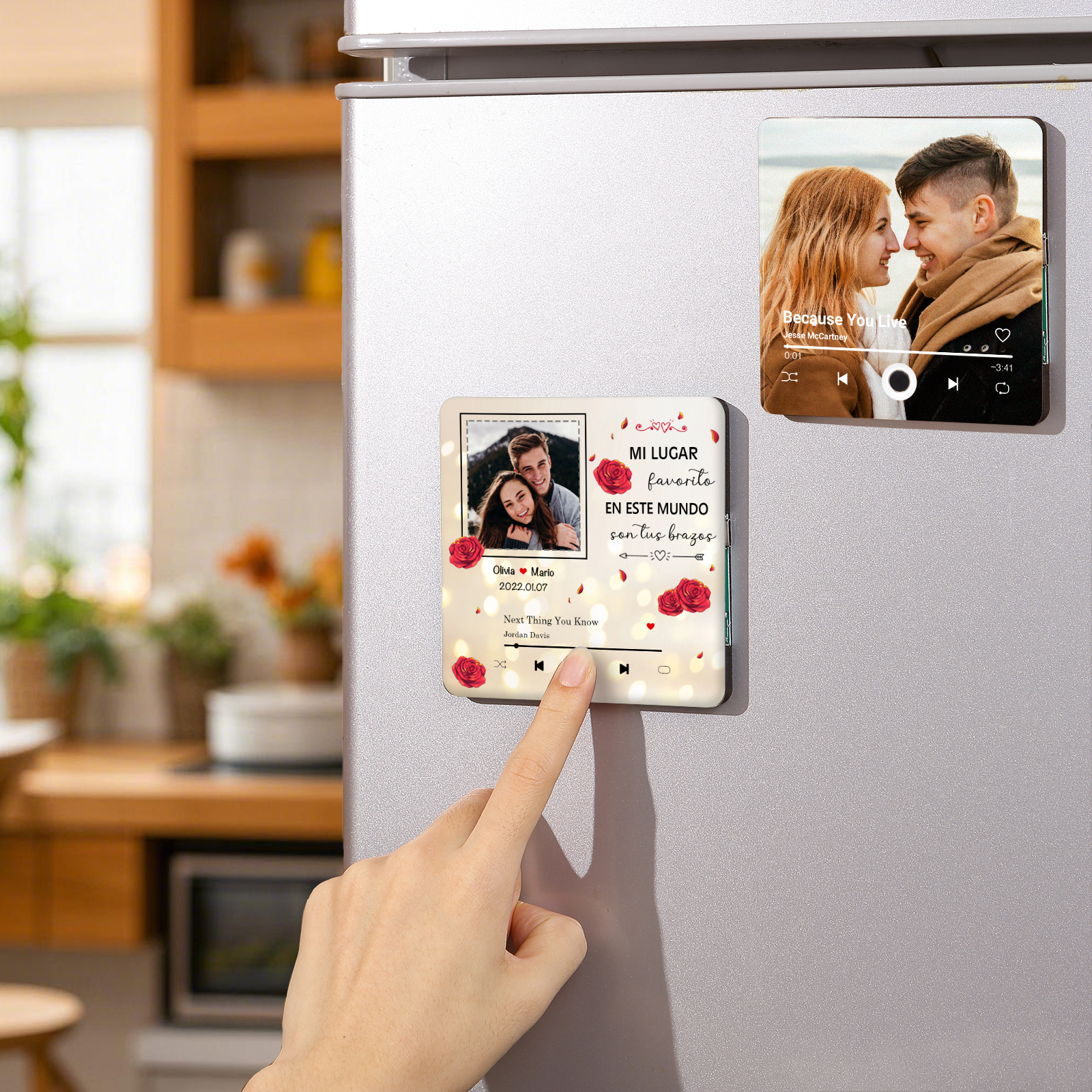 Pareja-Pegatina para nevera "music player" rosas con 2 nombres, fecha, foto y música personalizados | Jessemade