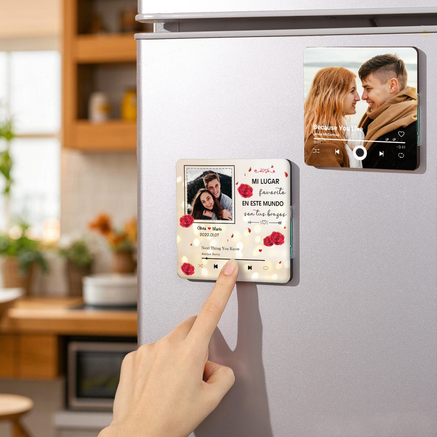 Pareja-Pegatina para nevera "music player" rosas con 2 nombres, fecha, foto y música personalizados | Jessemade