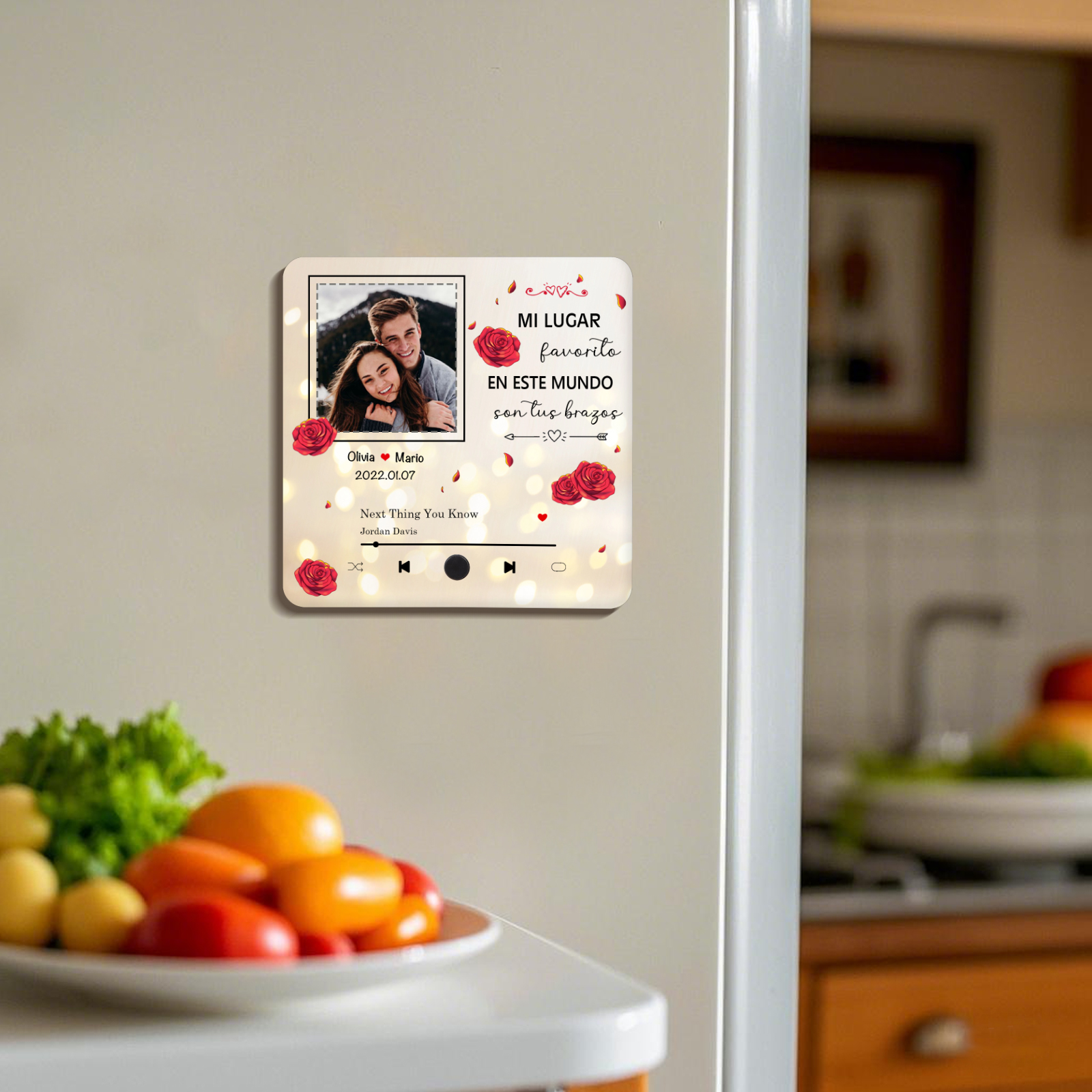 Pareja-Pegatina para nevera "music player" rosas con 2 nombres, fecha, foto y música personalizados | Jessemade