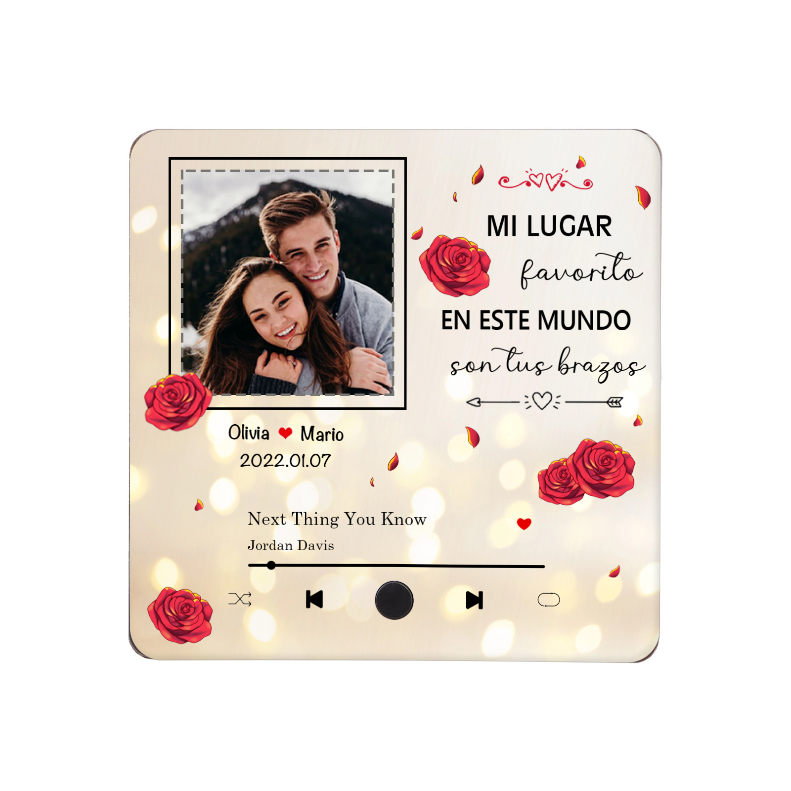 Pareja-Pegatina para nevera "music player" rosas con 2 nombres, fecha, foto y música personalizados | Jessemade