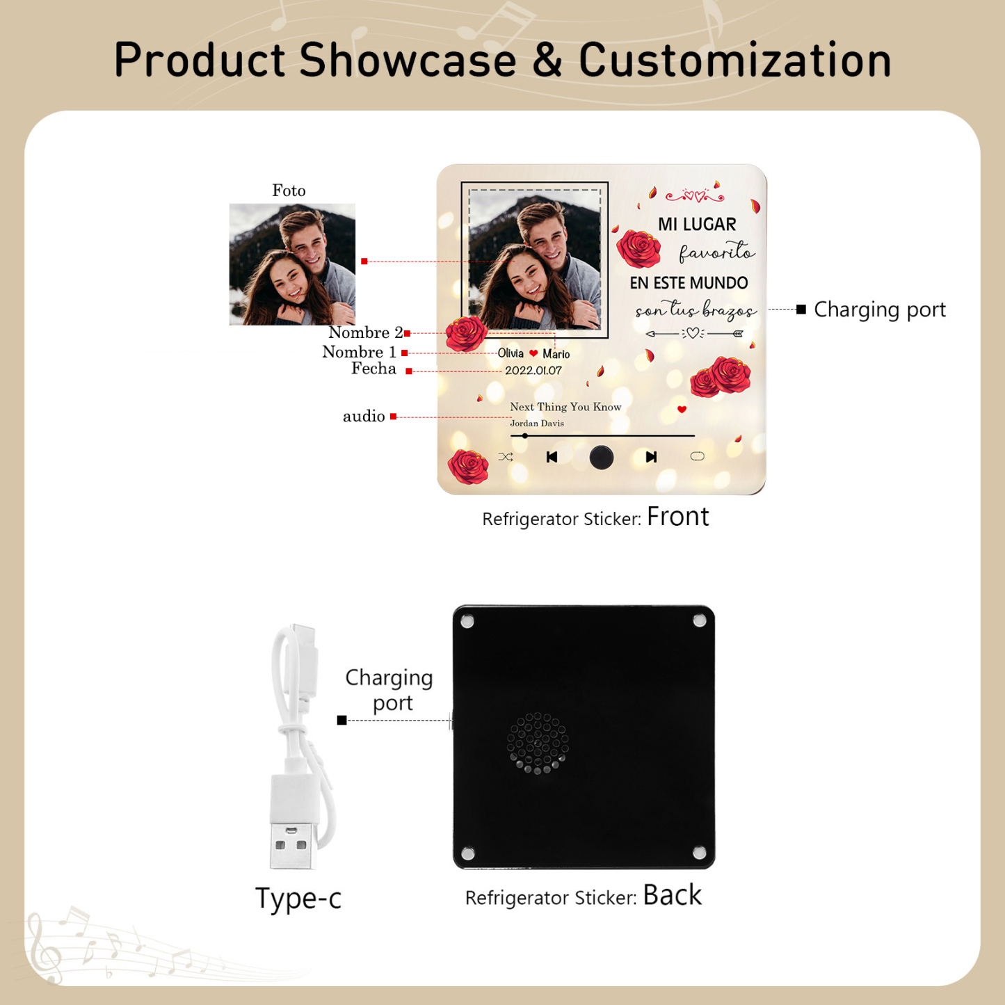 Pareja-Pegatina para nevera "music player" rosas con 2 nombres, fecha, foto y música personalizados | Jessemade