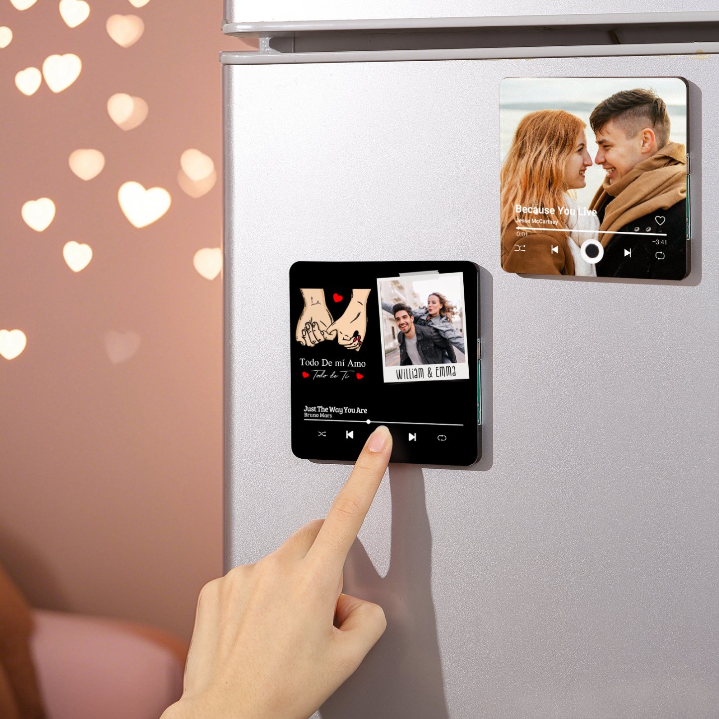 Pareja-Pegatina para nevera "music player" mano con mano con 2 nombres, foto y música personalizados | Jessemade