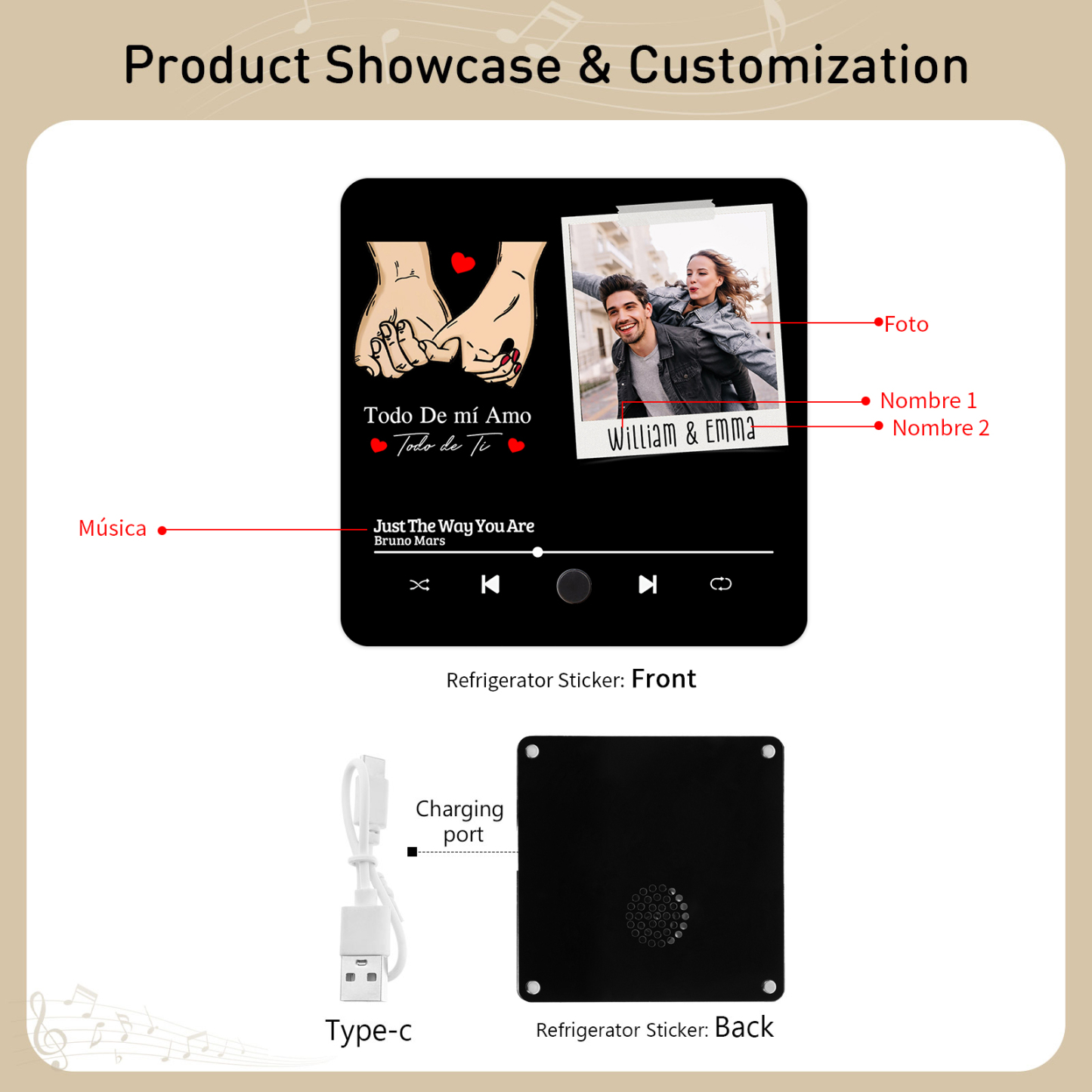 Pareja-Pegatina para nevera "music player" mano con mano con 2 nombres, foto y música personalizados | Jessemade