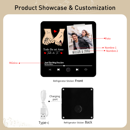 Pareja-Pegatina para nevera "music player" mano con mano con 2 nombres, foto y música personalizados | Jessemade