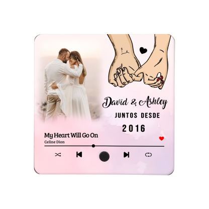 Pareja-Pegatina para nevera "music player" mano con mano con 2 nombres, año, foto y música personalizados | Jessemade