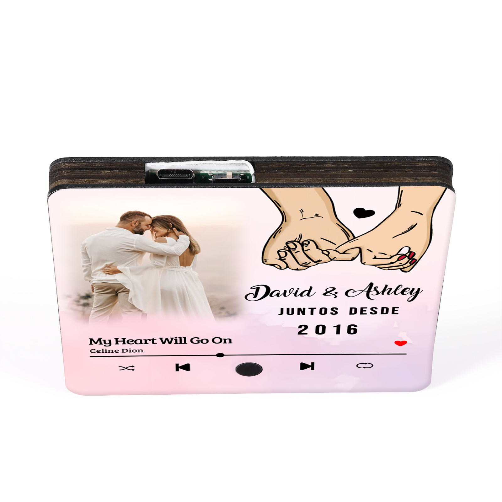 Pareja-Pegatina para nevera "music player" mano con mano con 2 nombres, año, foto y música personalizados | Jessemade
