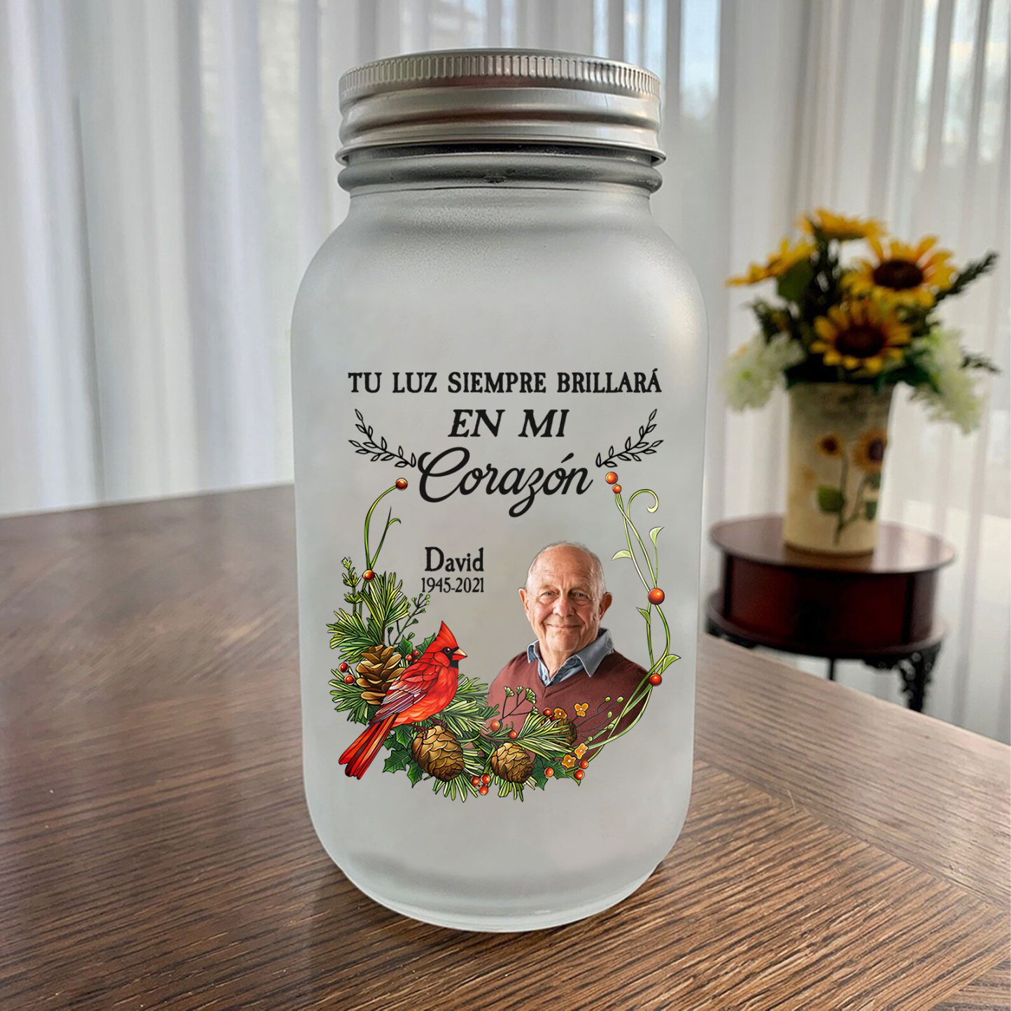 Botella con Lámpara Conmemorativa a un Ser Querido Personalizada con Nombre, Años y Foto | Jessemade