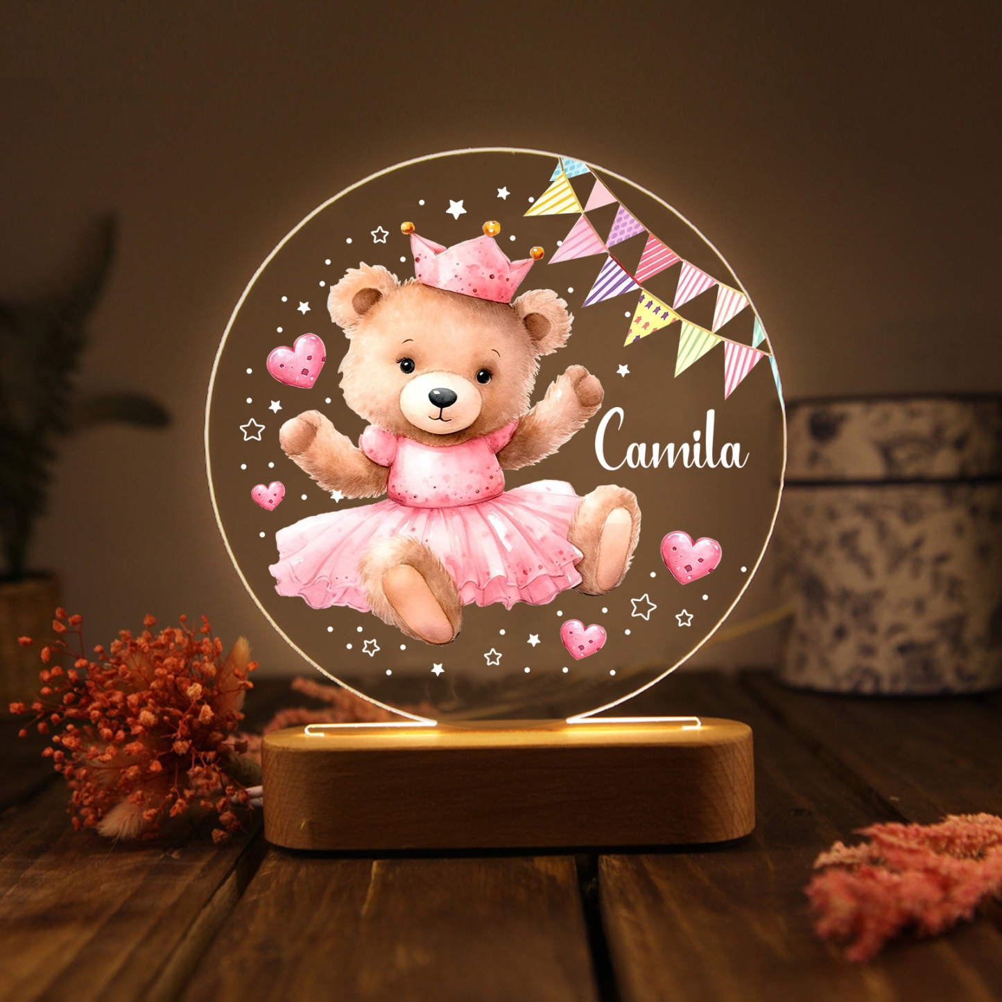 Lámpara para niño con osita con corona con nombre personalizado | Jessemade