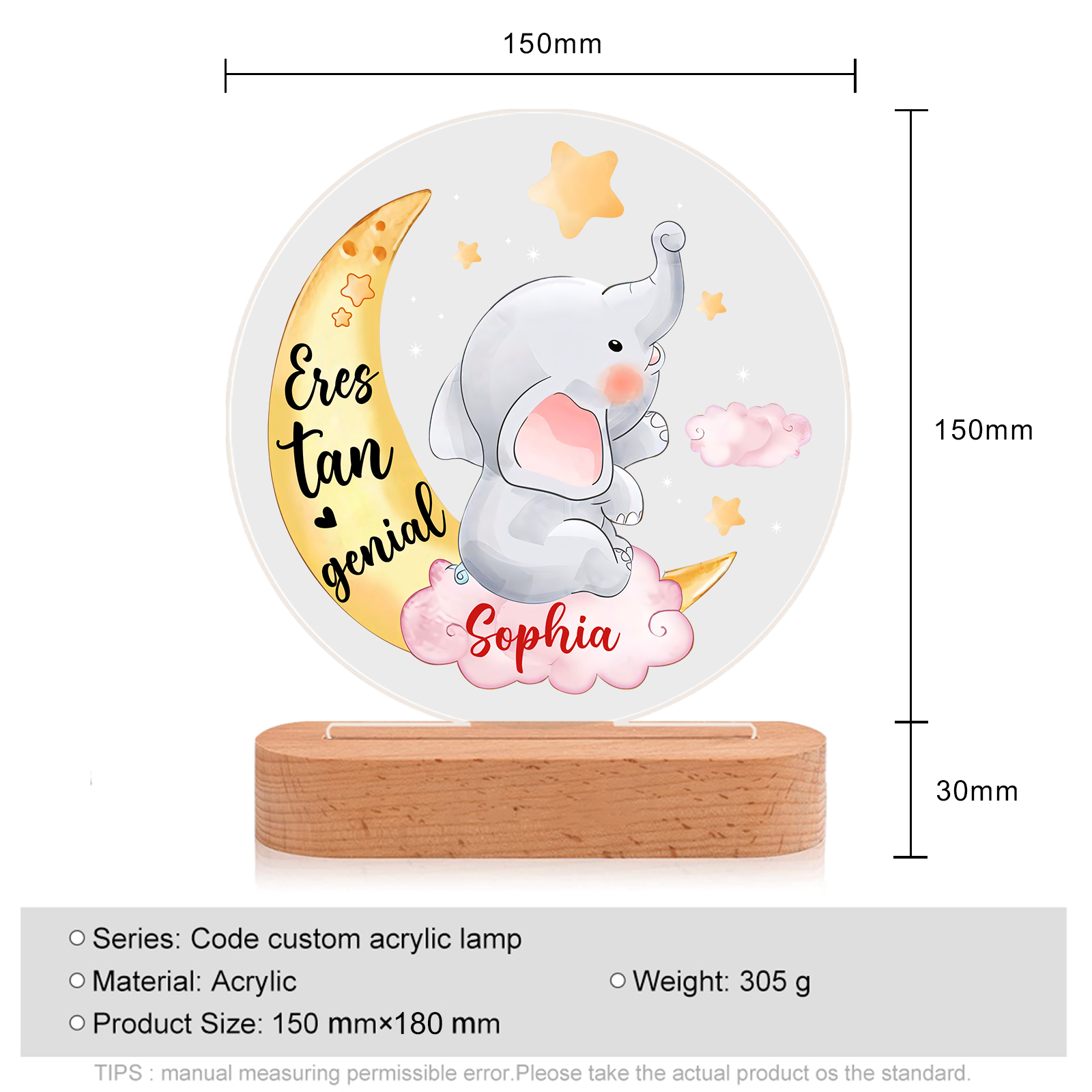 Lámpara para niño con elefante en luna y nube con nombre personalizado | Jessemade