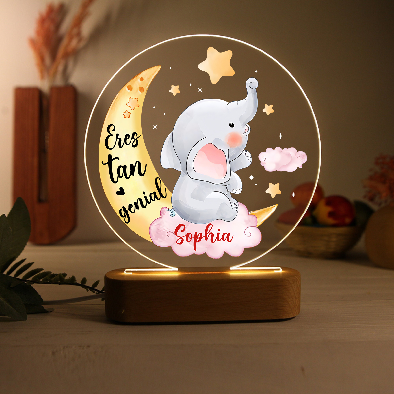 Lámpara para niño con elefante en luna y nube con nombre personalizado | Jessemade