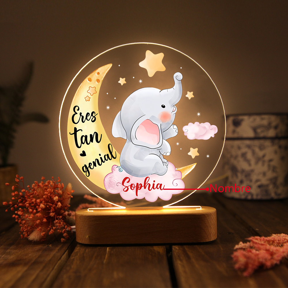 Lámpara para niño con elefante en luna y nube con nombre personalizado | Jessemade