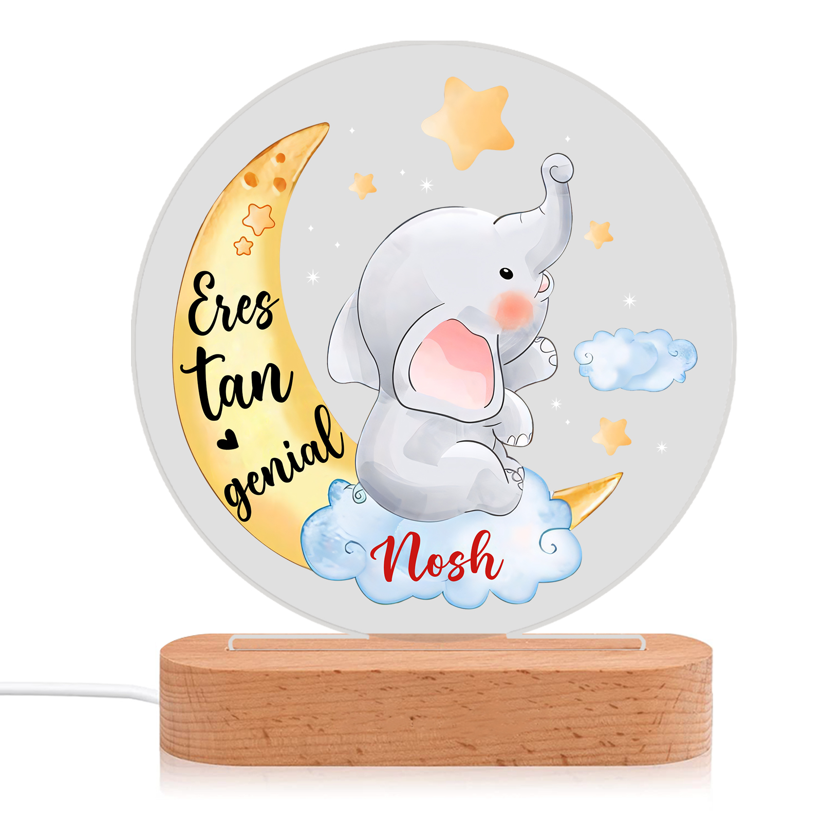 Lámpara para niño con elefante en luna y nube con nombre personalizado | Jessemade