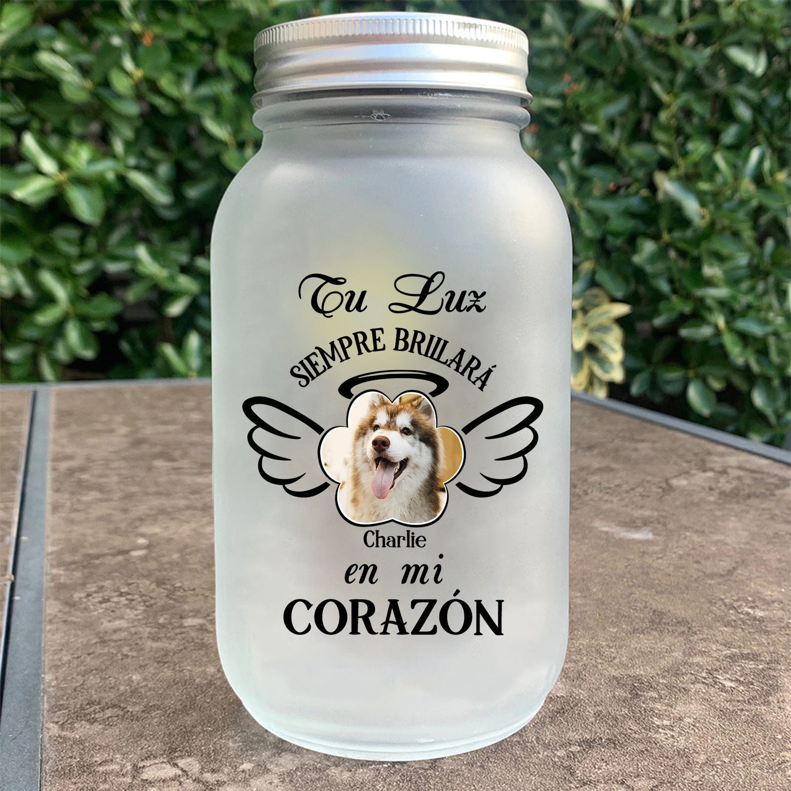 Botella con Lámpara Conmemorativa a Mascota Alas y Halo Personalizada con Nombre y Foto | Jessemade