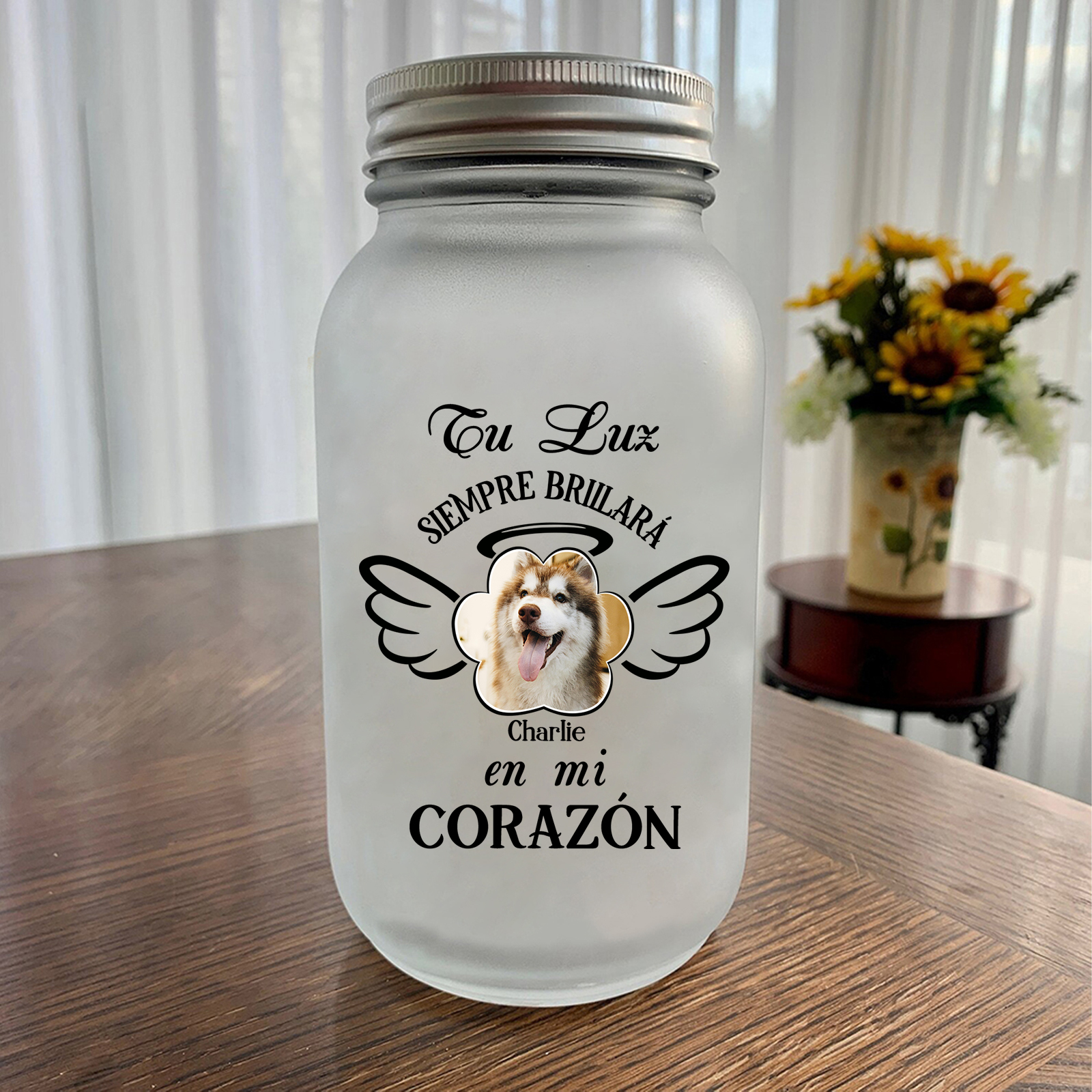 Botella con Lámpara Conmemorativa a Mascota Alas y Halo Personalizada con Nombre y Foto | Jessemade