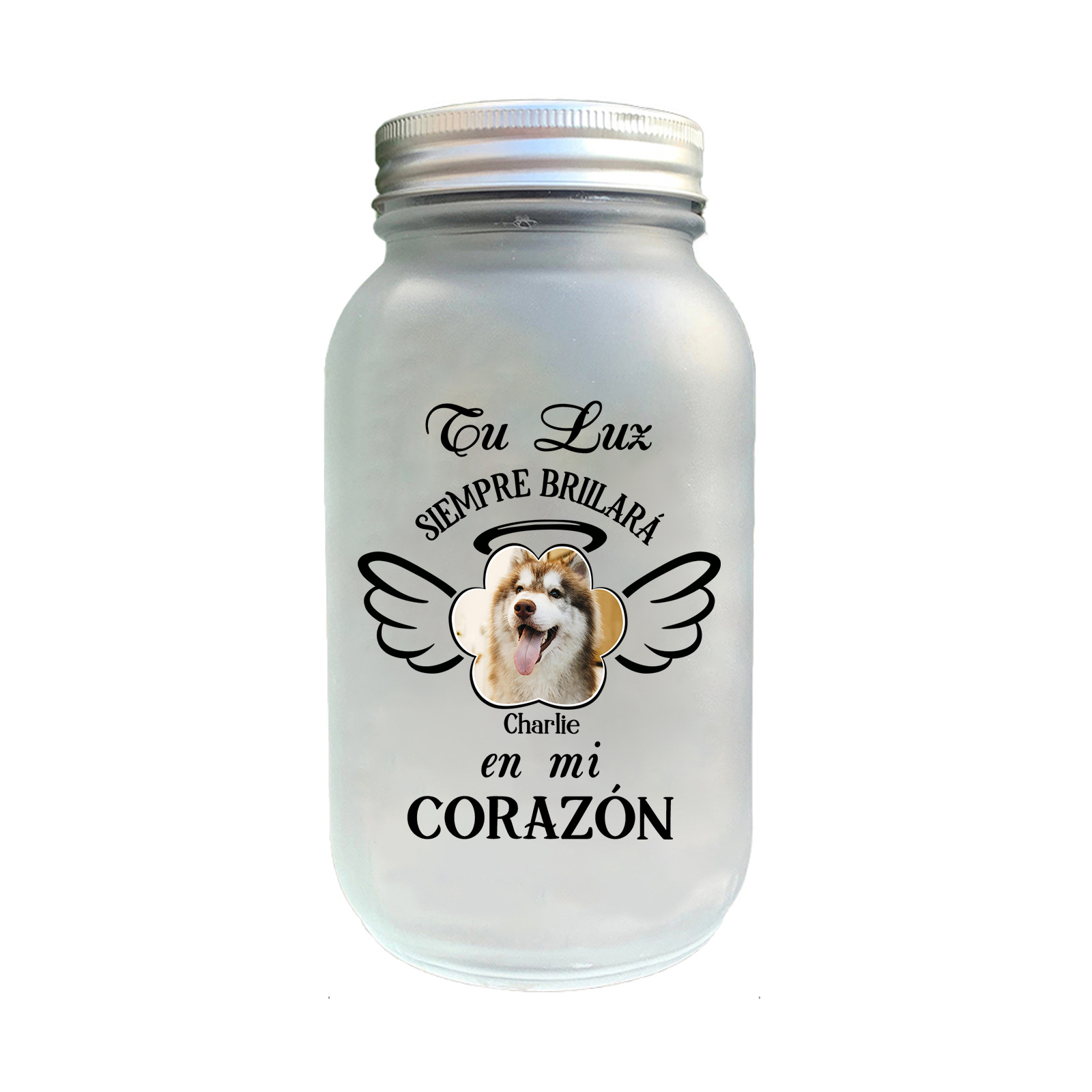 Botella con Lámpara Conmemorativa a Mascota Alas y Halo Personalizada con Nombre y Foto | Jessemade