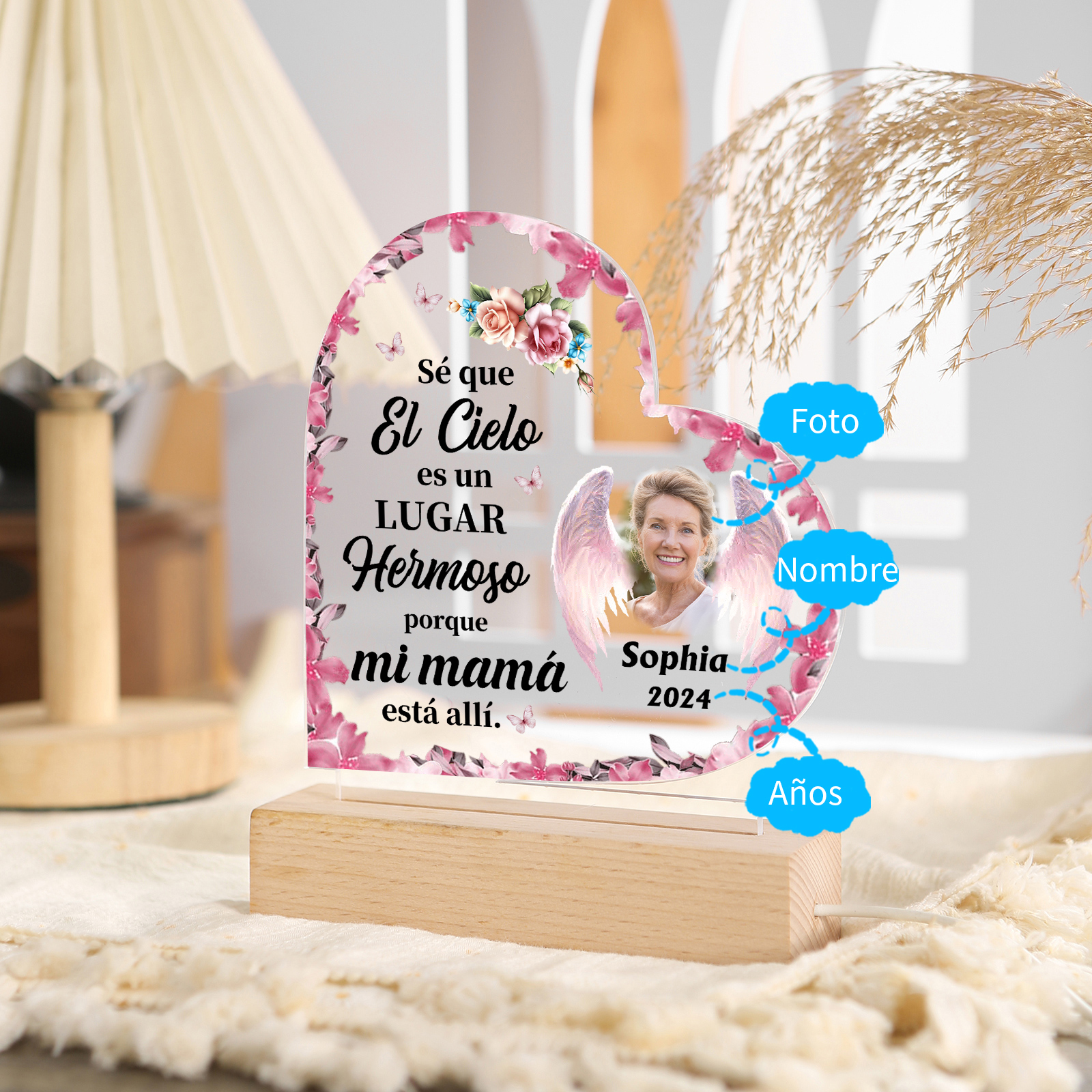 Lámpara en forma de corazón en memoria a un ser querido nombre, año y foto personalizada | Jessemade