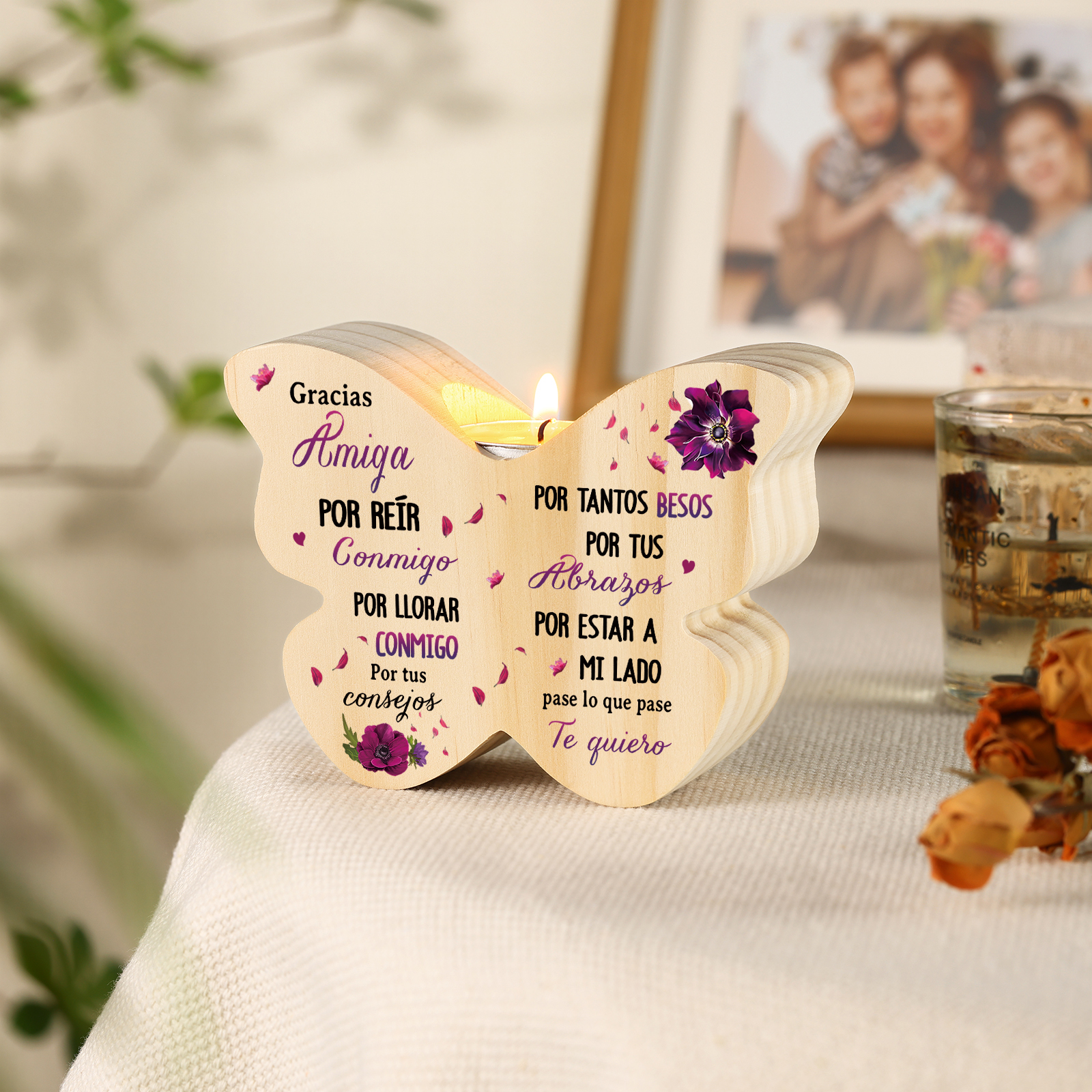 A mi amiga - Candelero de madera en forma de mariposa frases amorosas sin vela | Jessemade