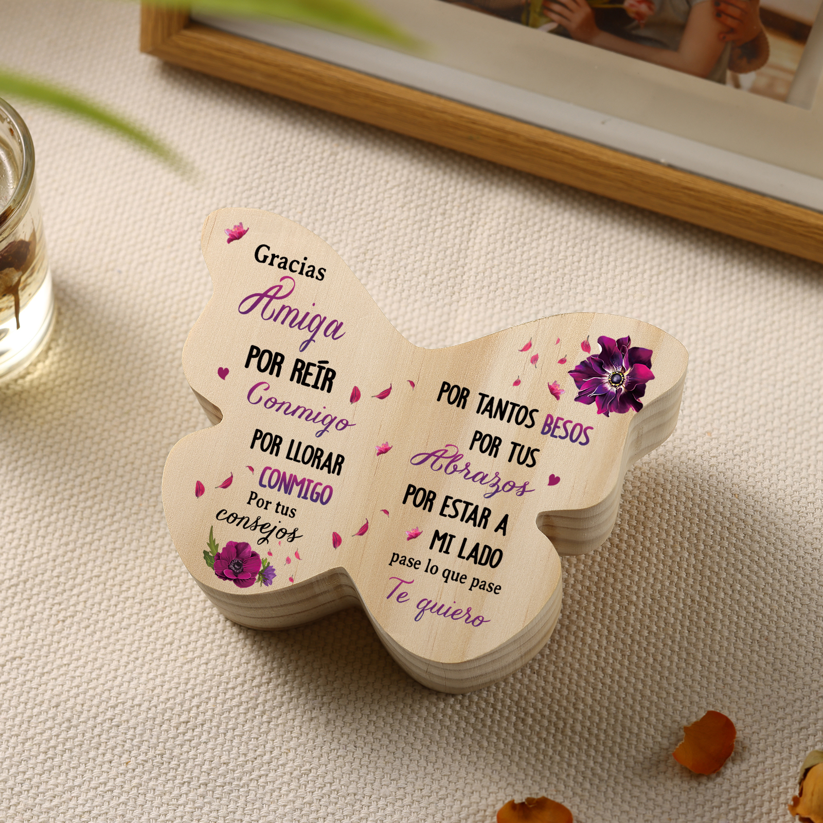 A mi amiga - Candelero de madera en forma de mariposa frases amorosas sin vela | Jessemade