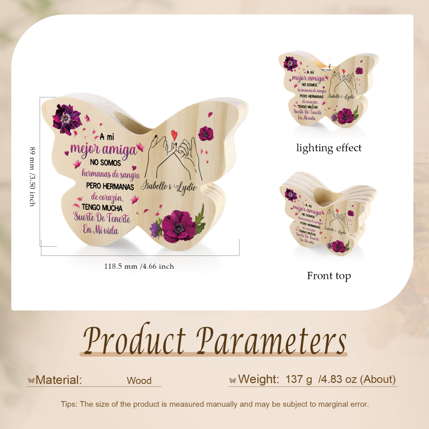 A mi amiga - Candelero de madera en forma de mariposa pinky swear sin vela 2 nombres personalizados | Jessemade