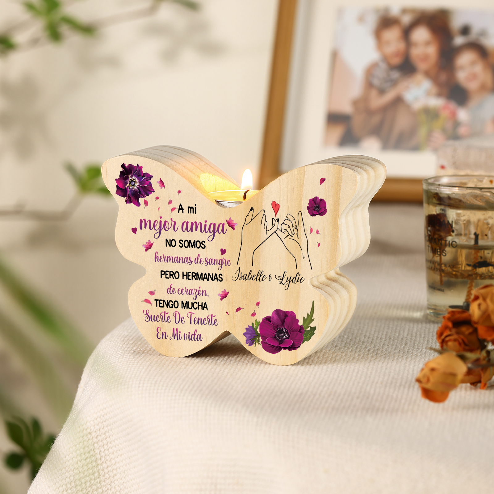 A mi amiga - Candelero de madera en forma de mariposa pinky swear sin vela 2 nombres personalizados | Jessemade