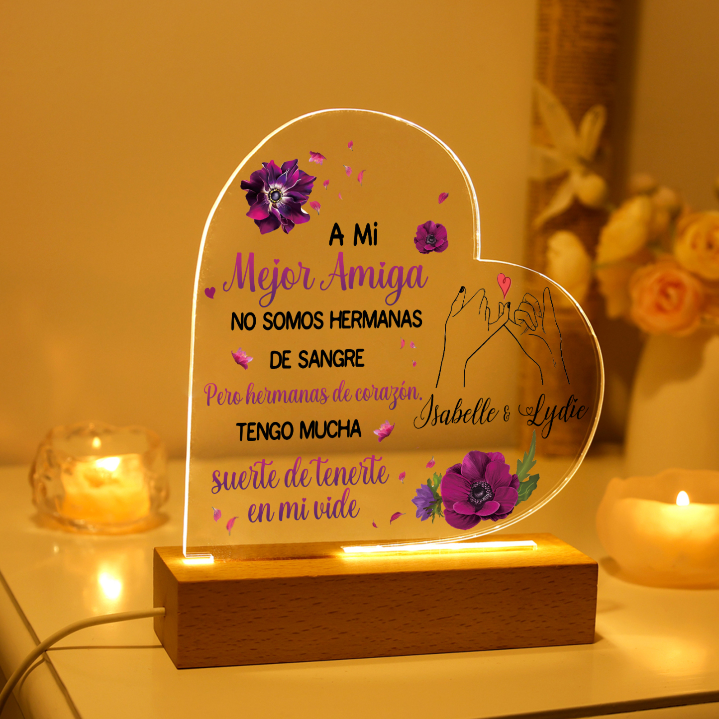 Lámpara en forma de corazón para amiga con 2 nombres personalizados | Jessemade