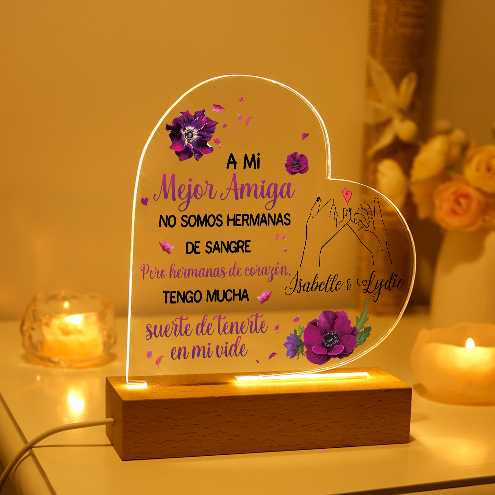Lámpara en forma de corazón para amiga con 2 nombres personalizados | Jessemade