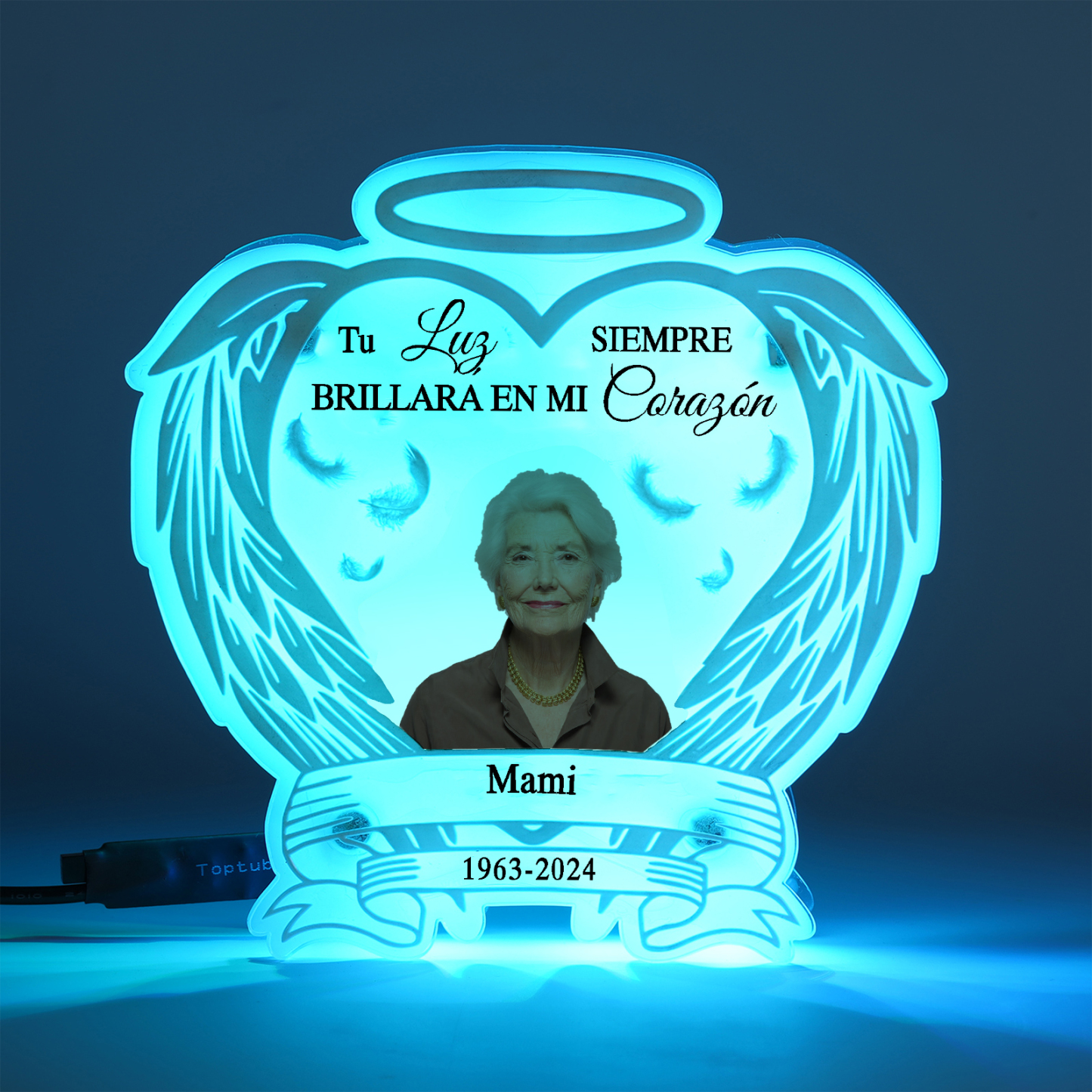 Lámpara en forma de alas con halo en memoria a un ser querido foto, nombre y años personalizados | Jessemade