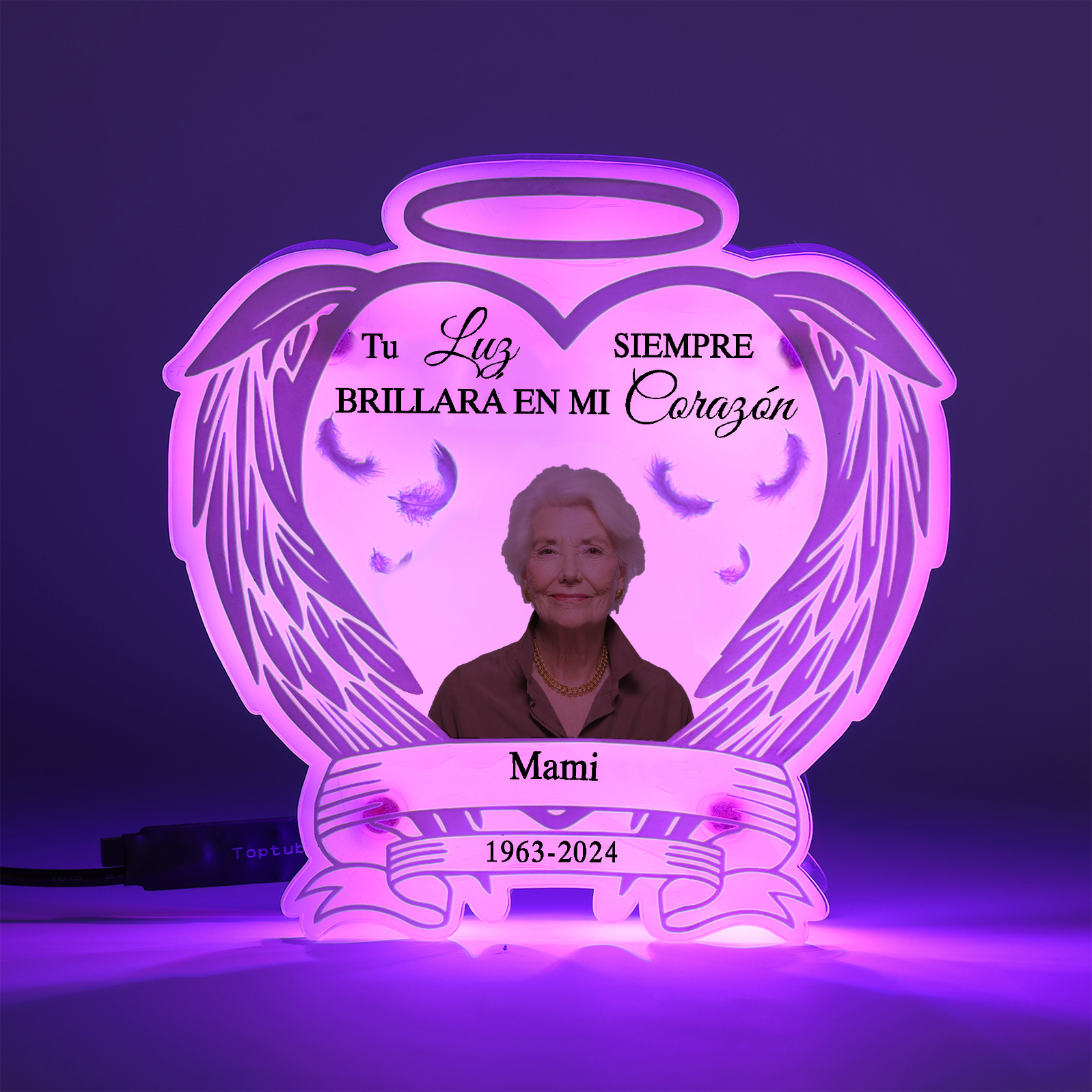 Lámpara en forma de alas con halo en memoria a un ser querido foto, nombre y años personalizados | Jessemade