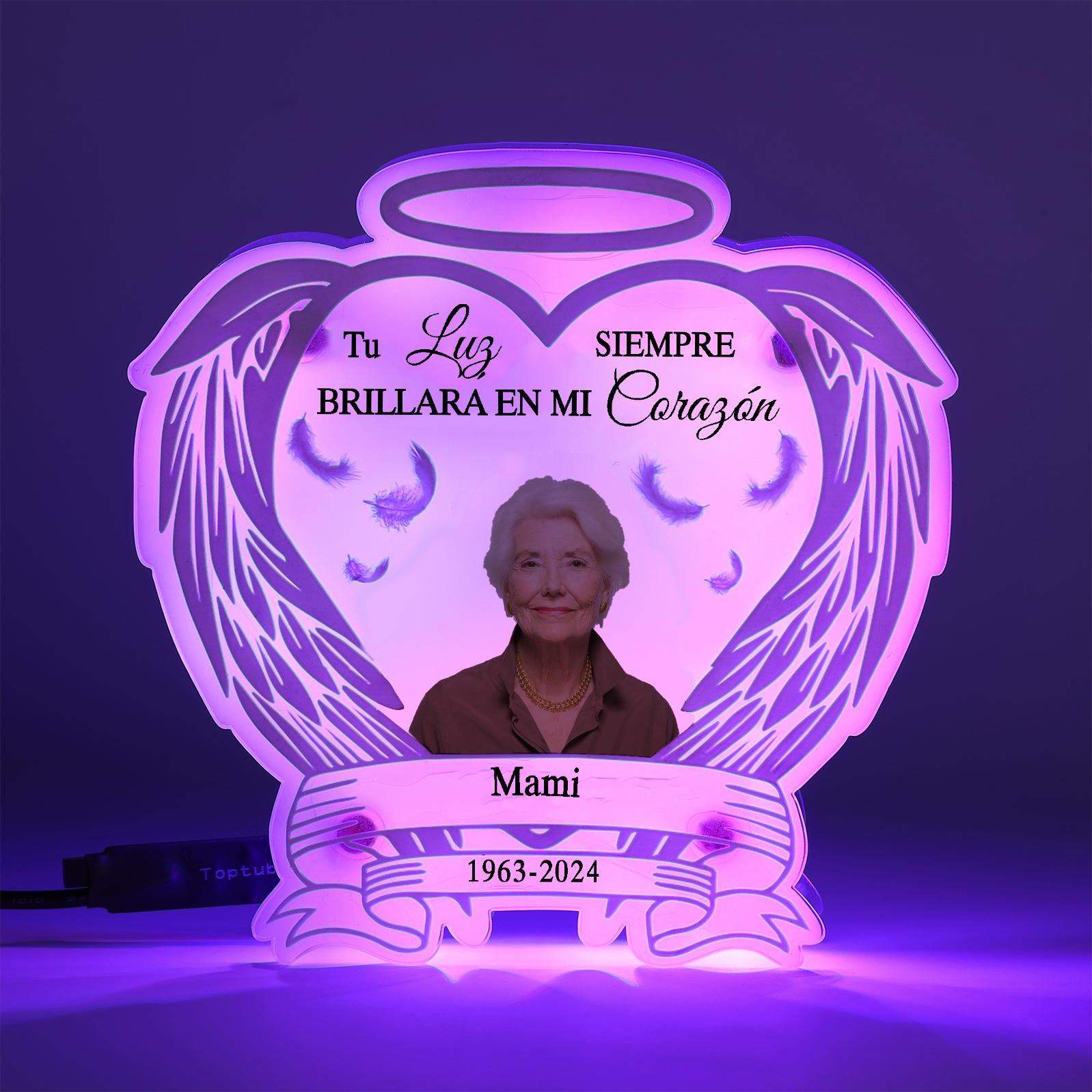 Lámpara en forma de alas con halo en memoria a un ser querido foto, nombre y años personalizados | Jessemade