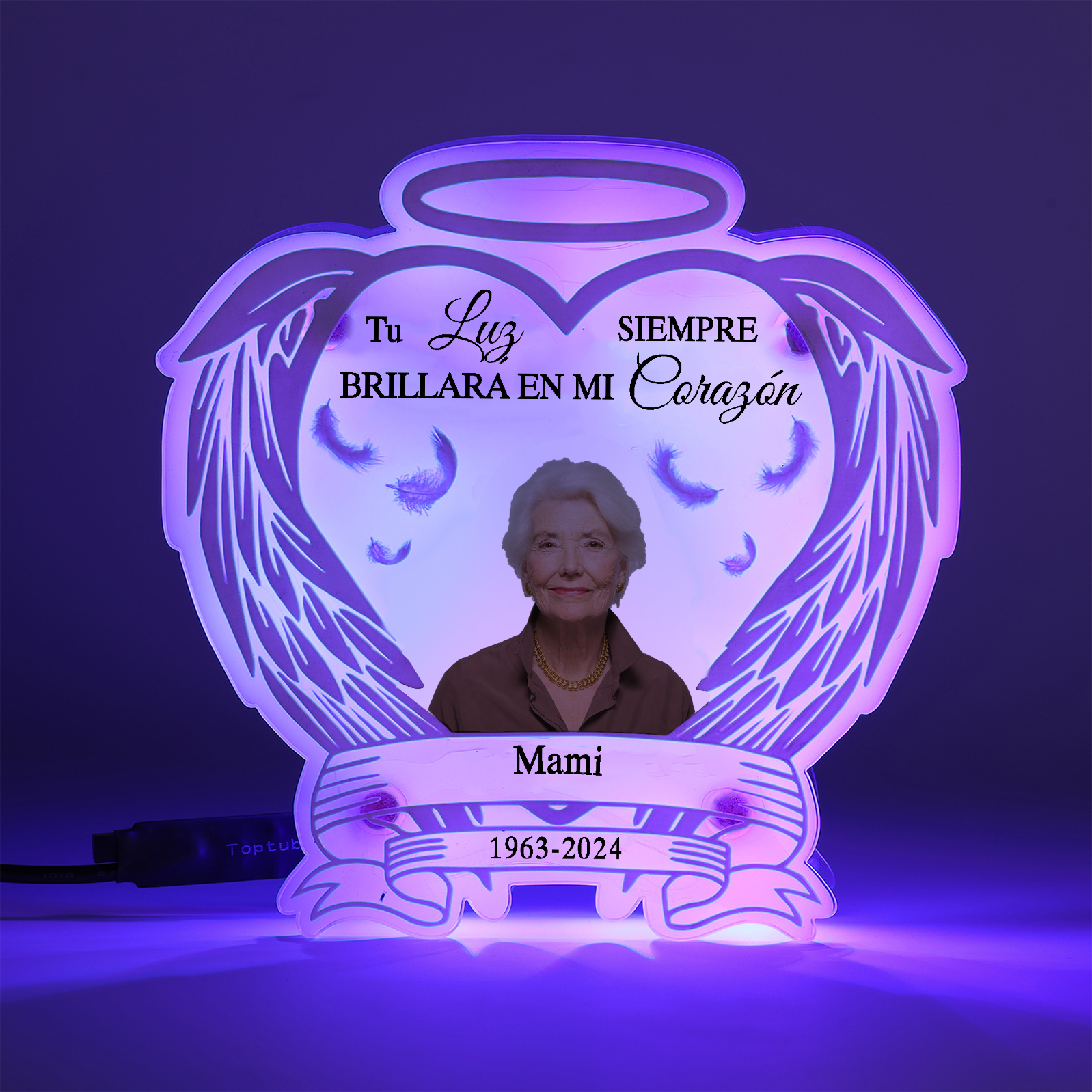 Lámpara en forma de alas con halo en memoria a un ser querido foto, nombre y años personalizados | Jessemade