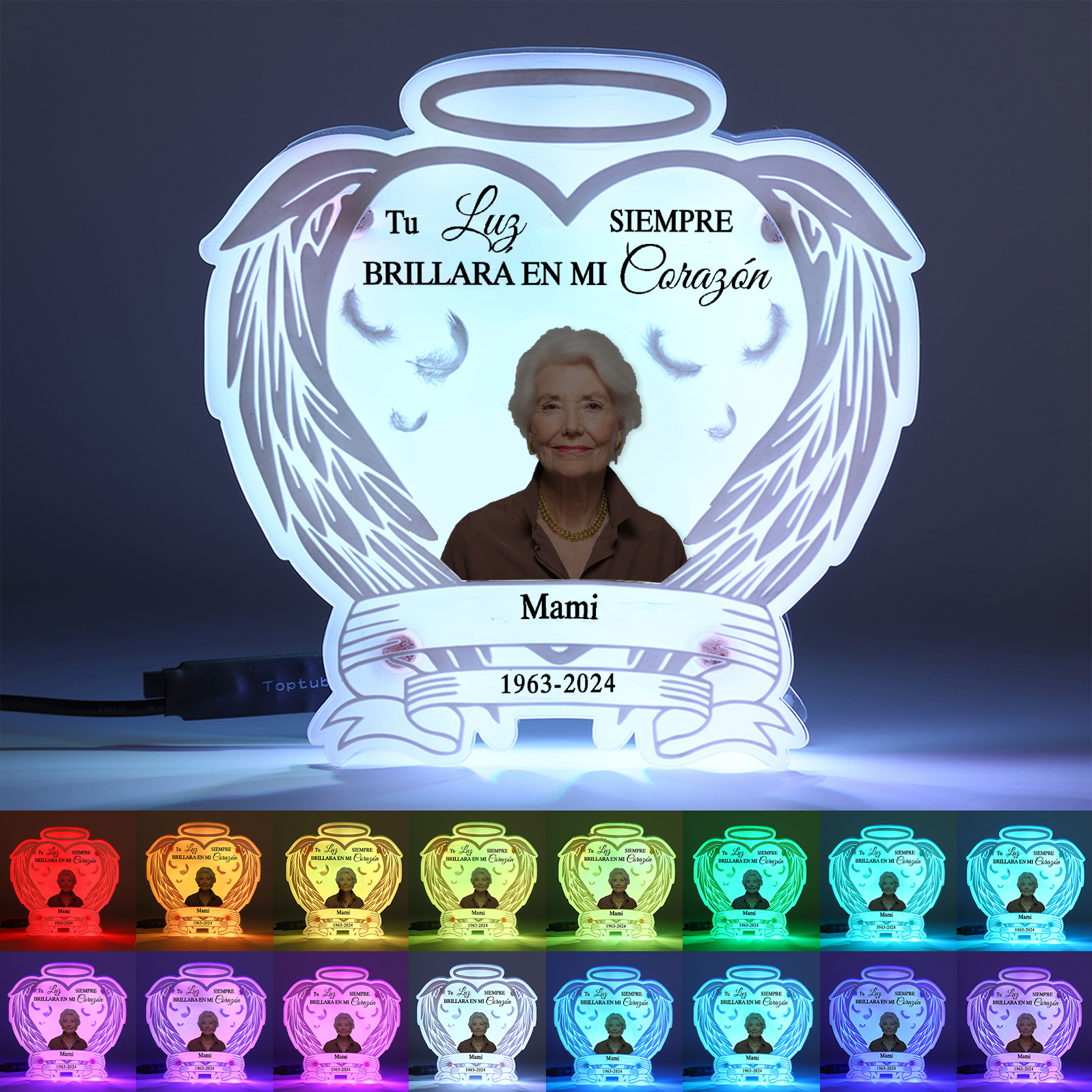 Lámpara en forma de alas con halo en memoria a un ser querido foto, nombre y años personalizados | Jessemade