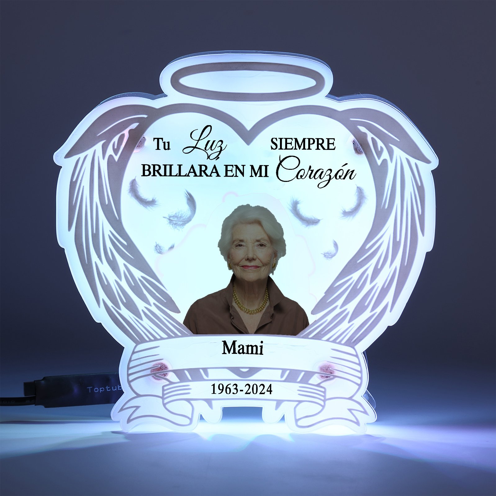 Lámpara en forma de alas con halo en memoria a un ser querido foto, nombre y años personalizados | Jessemade